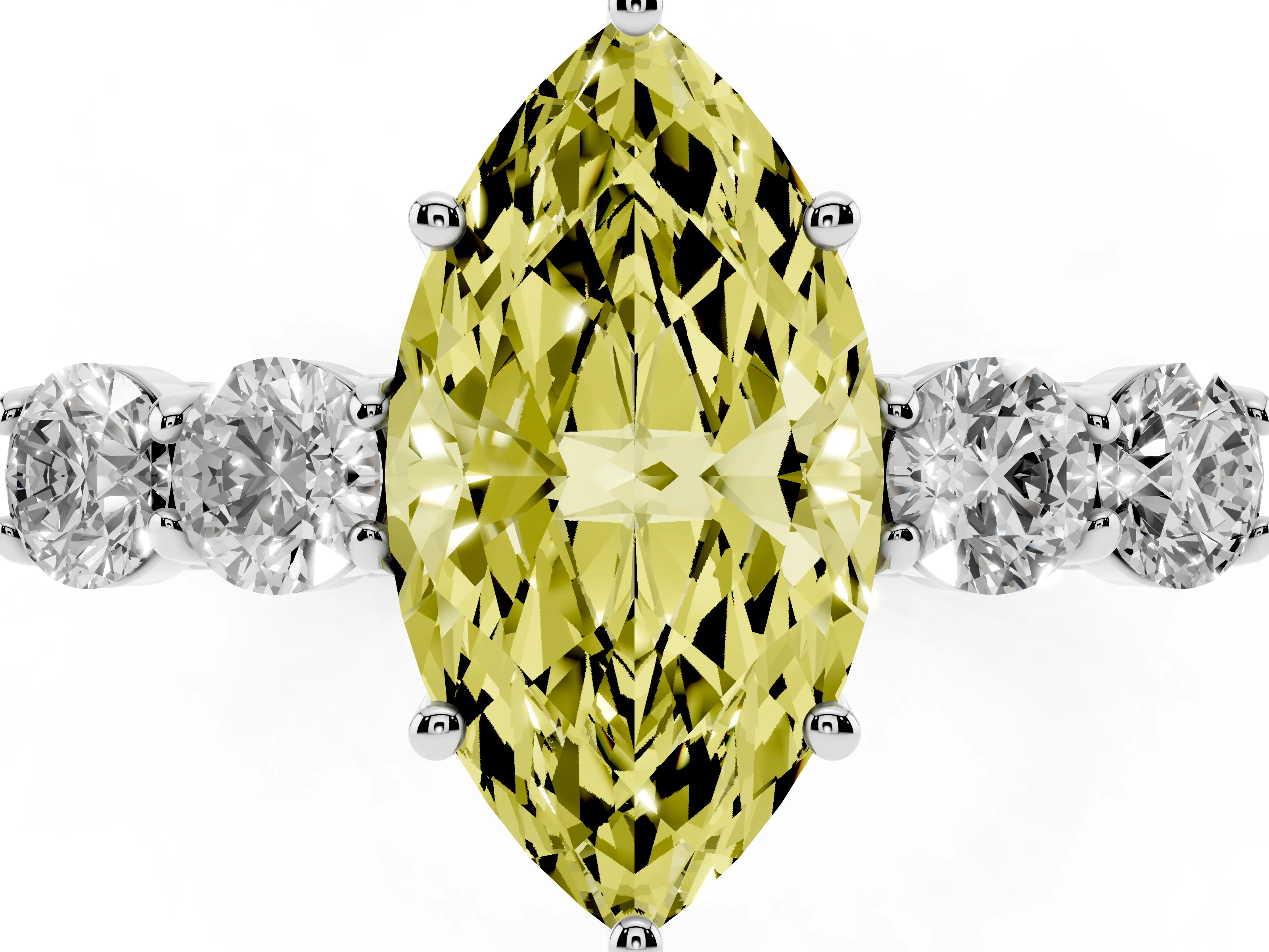 Fancy Yellow Marquise Cut Diamond Five-Stone Prong Set Band Ring Set in White gold with Polished Band