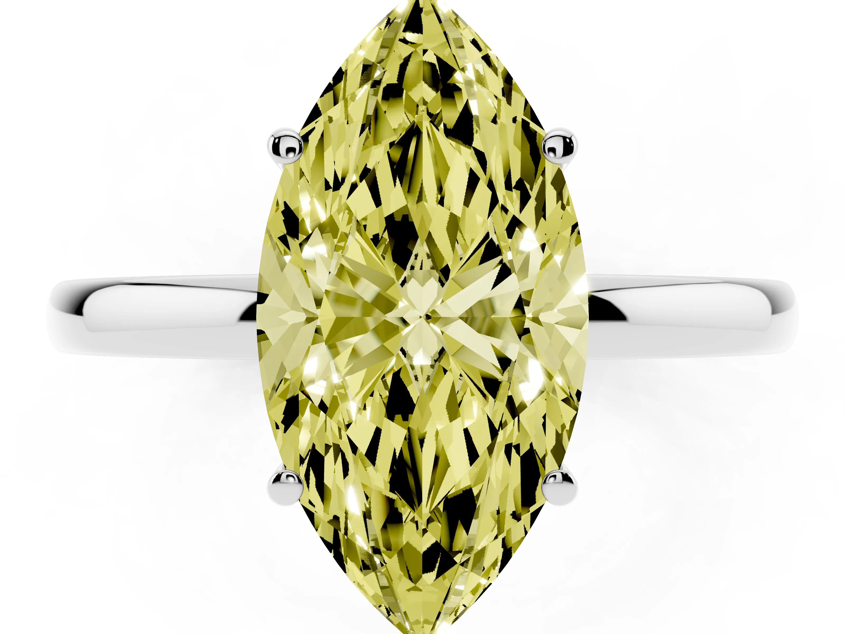 Fancy Yellow Marquise Cut Diamond Solitaire Ring Set in Silver with Plain Band and Prong Setting