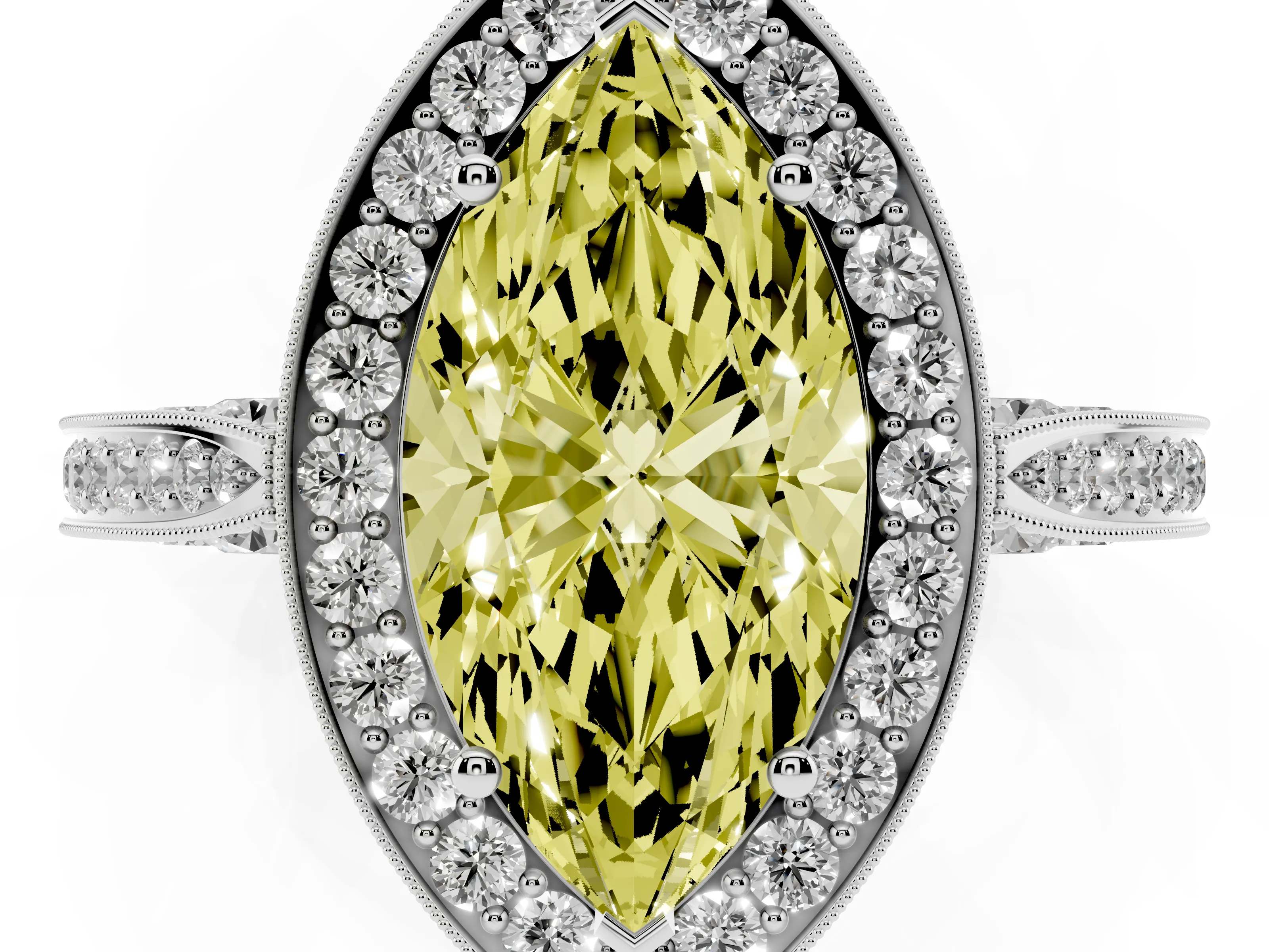 Fancy Yellow Marquise Cut Diamond Halo Engagement Ring Set in White gold with Accent Split Shank Band