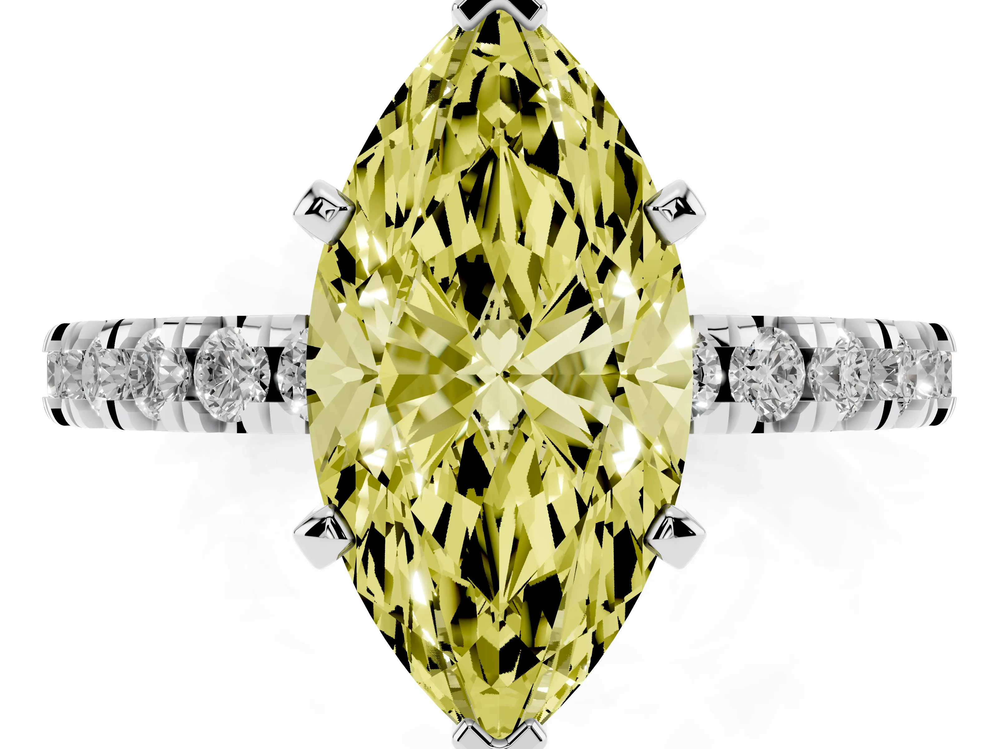Fancy Yellow Marquise Cut Diamond Pavé Band Solitaire Set in White gold with Prong Setting