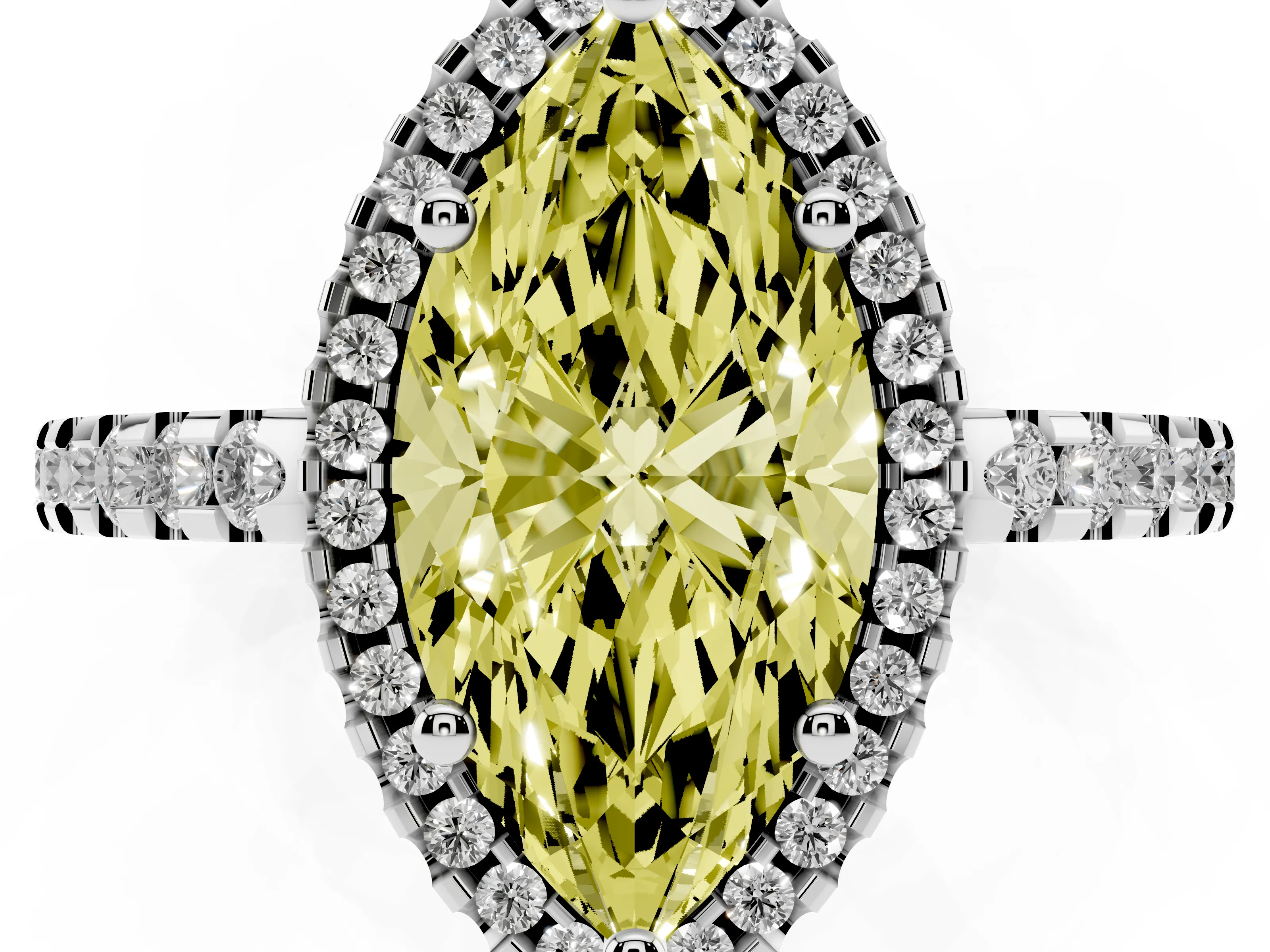 Fancy Yellow Marquise Cut Diamond Halo Ring Set in White gold with Pavé Shoulders and Halo-Framed Center
