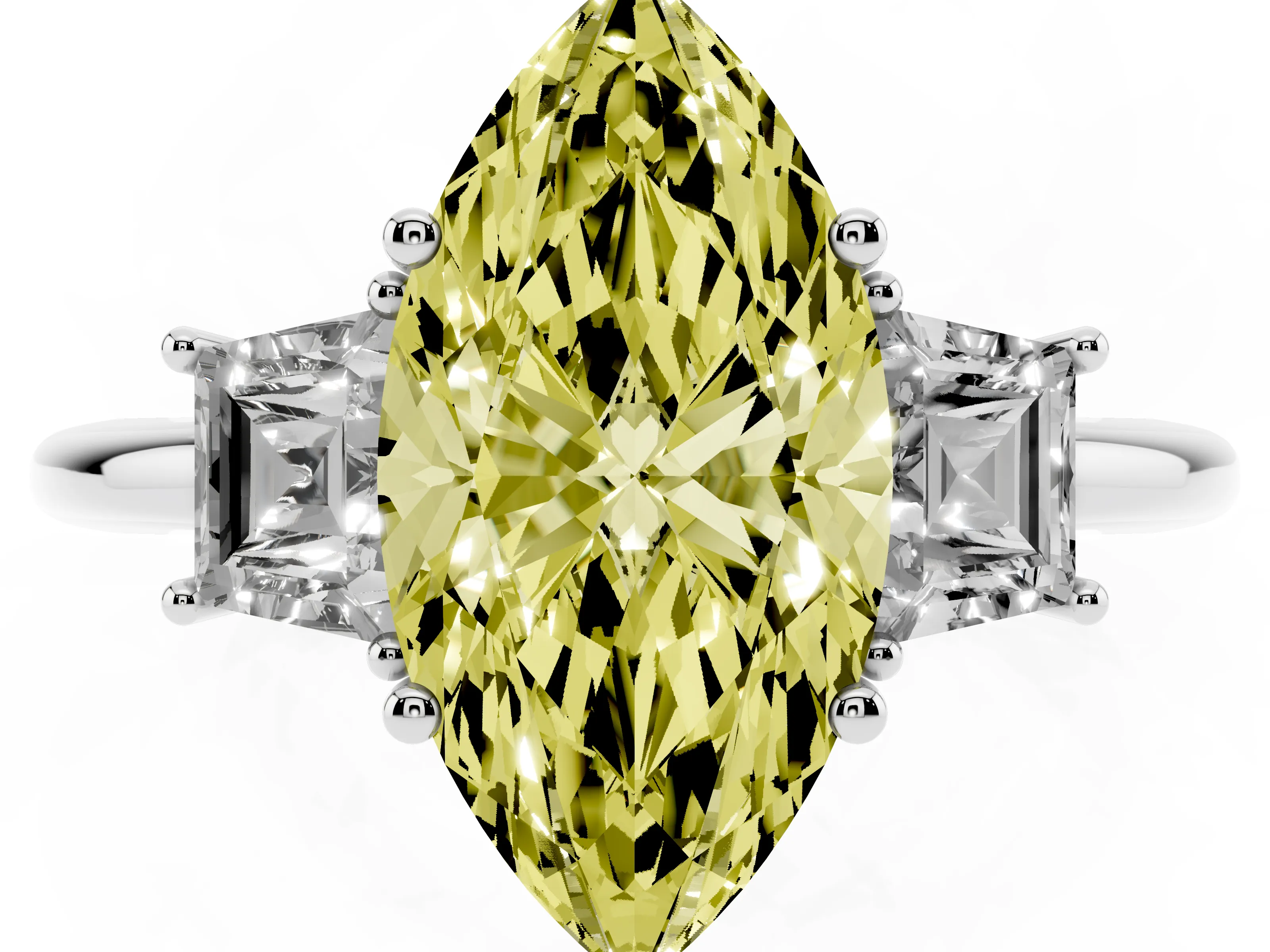 Fancy Yellow Marquise Cut Diamond Three-Stone Ring Set in Platinum with Trapezoid Side Stones and Prong Setting