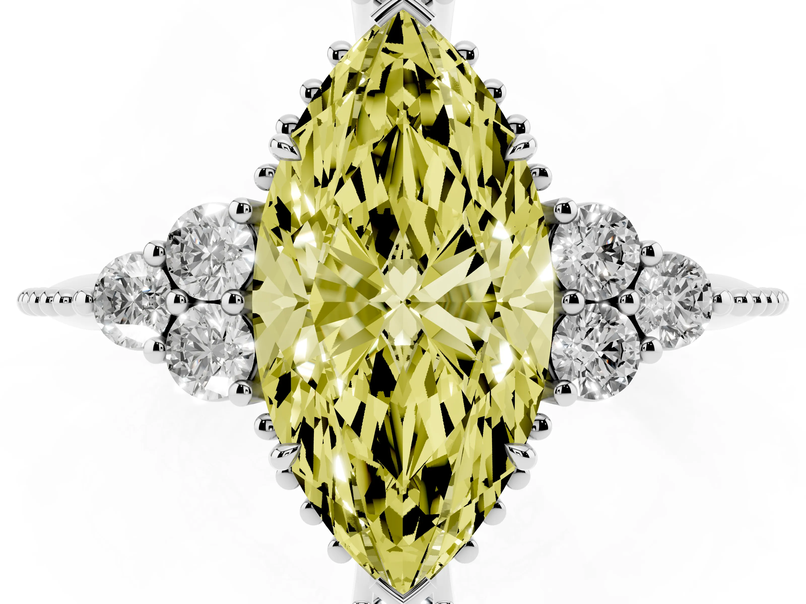 Fancy Yellow Marquise Cut Diamond Cluster Ring Set in White gold with Beaded Band