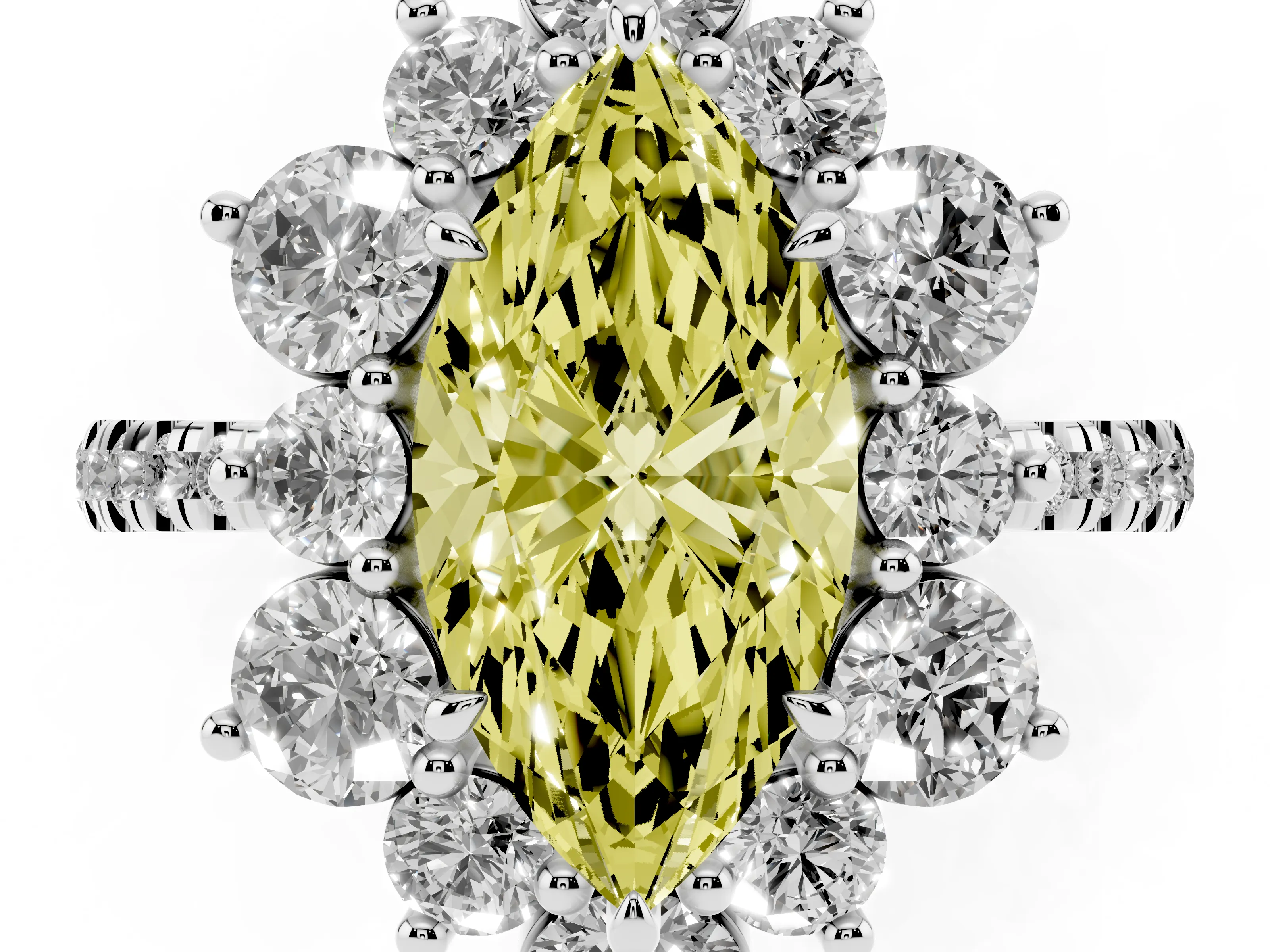 Fancy Yellow Marquise Cut Diamond Floral Halo Ring Set in White gold with Round Pavé Band and Prong Setting