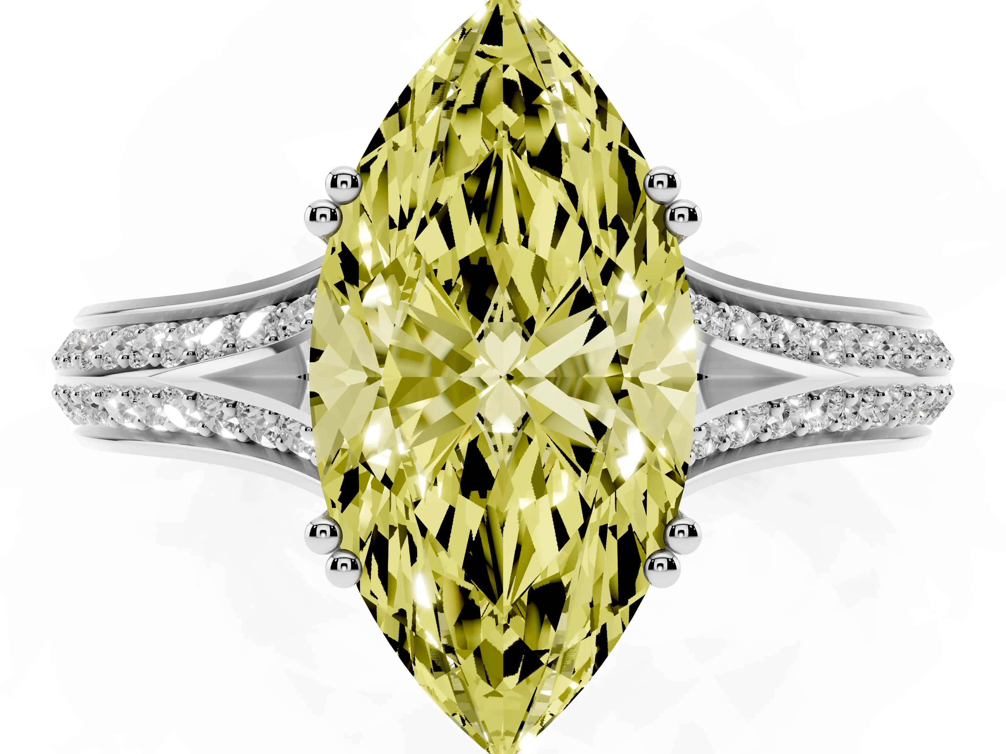 Fancy Yellow Marquise Cut Diamond Split Shank Pavé Engagement Ring Set in White gold with Prong-Set Center Stone
