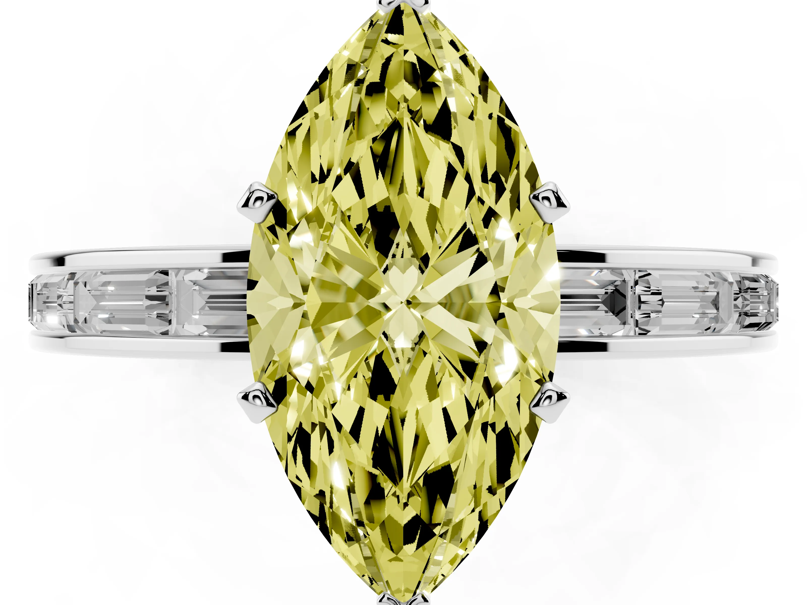 Fancy Yellow Marquise Cut Diamond Solitaire Ring Set in White gold with Channel-Set Baguette Band and Prong Setting
