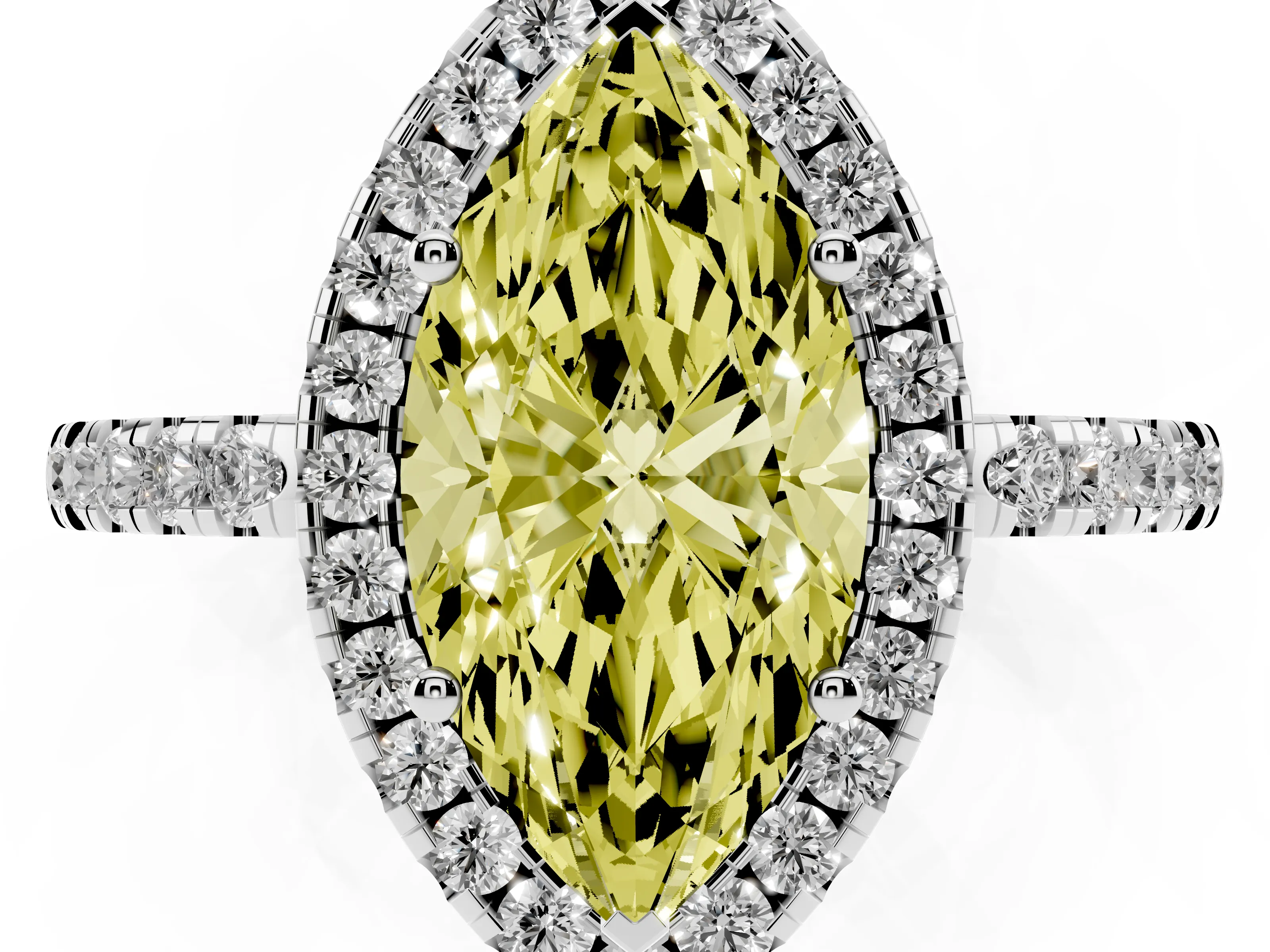 Fancy Yellow Marquise Cut Diamond Pavé Band Halo Engagement Ring Set in Silver with Prong Setting