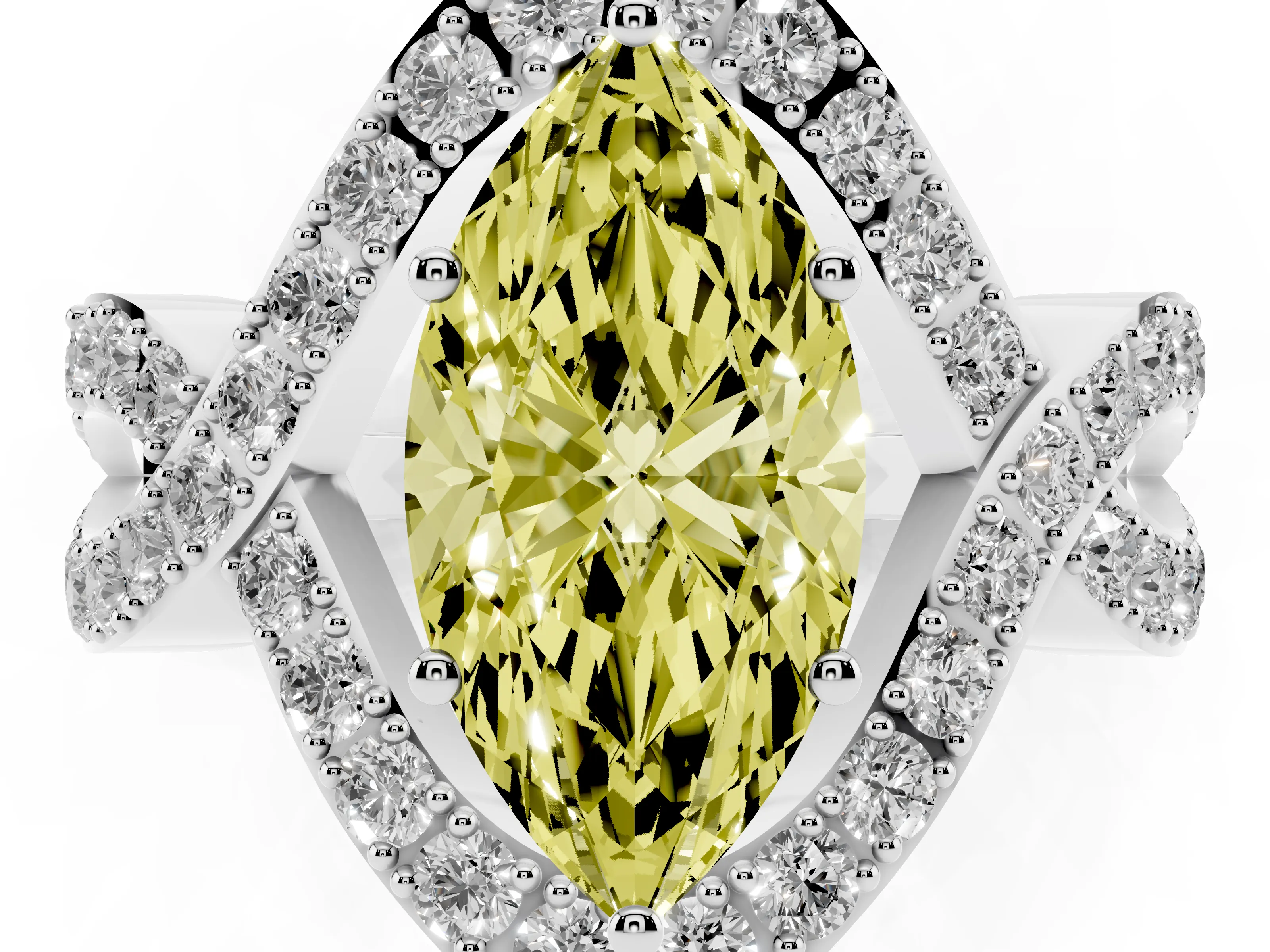 Fancy Yellow Marquise Cut Diamond Solitaire Twist Band Pavé Engagement Ring Set in Platinum
