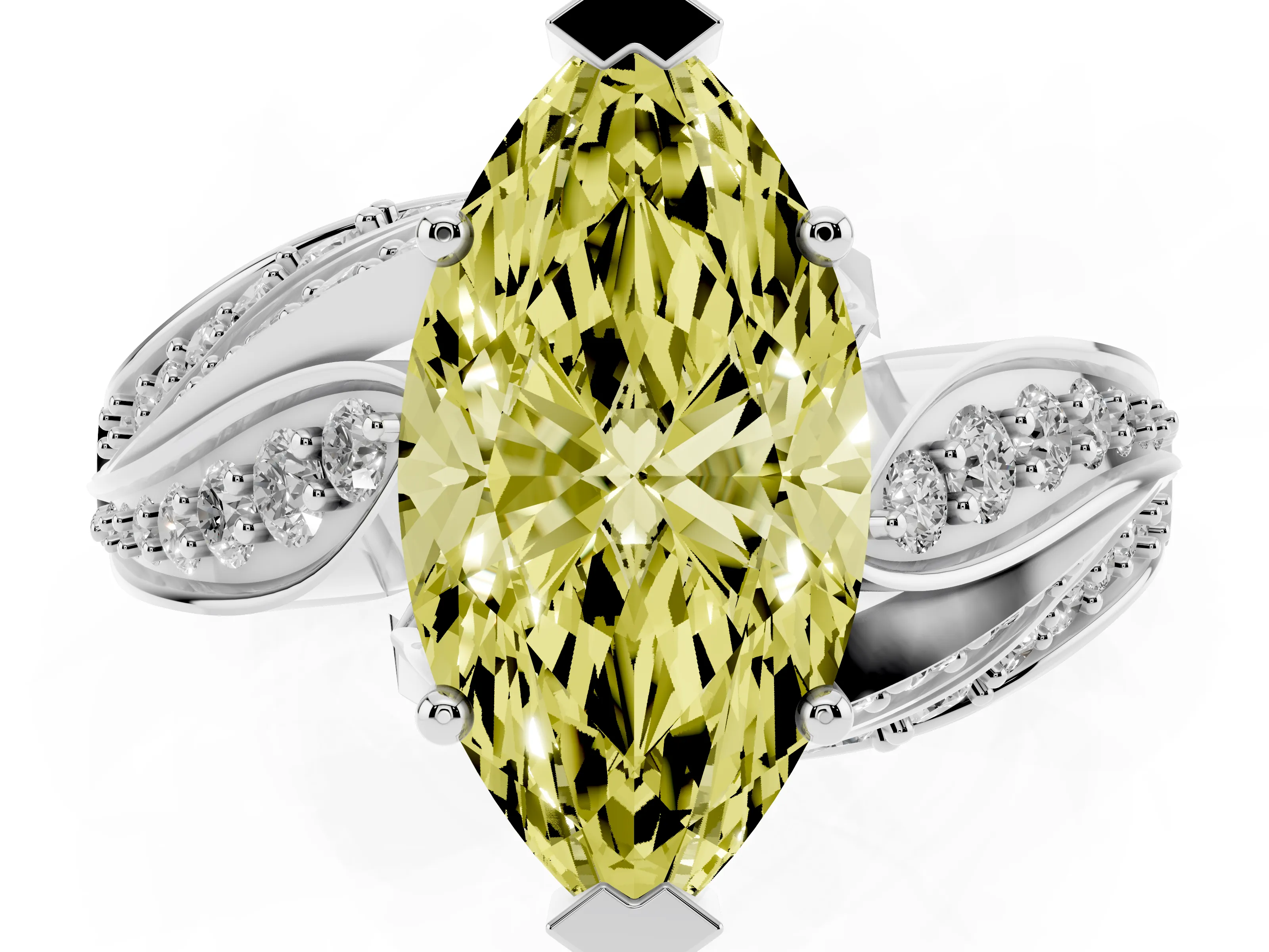 Fancy Yellow Marquise Cut Diamond Solitaire Ring Set in Platinum with Layered Twist Pavé Band