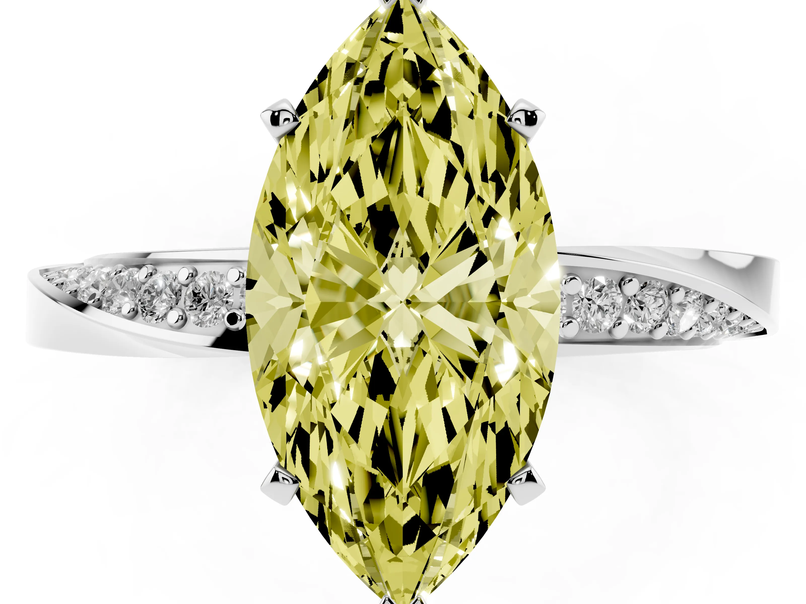 Fancy Yellow Marquise Cut Diamond Engagement Ring Set in Silver with Side Stone Accents and Prong Setting