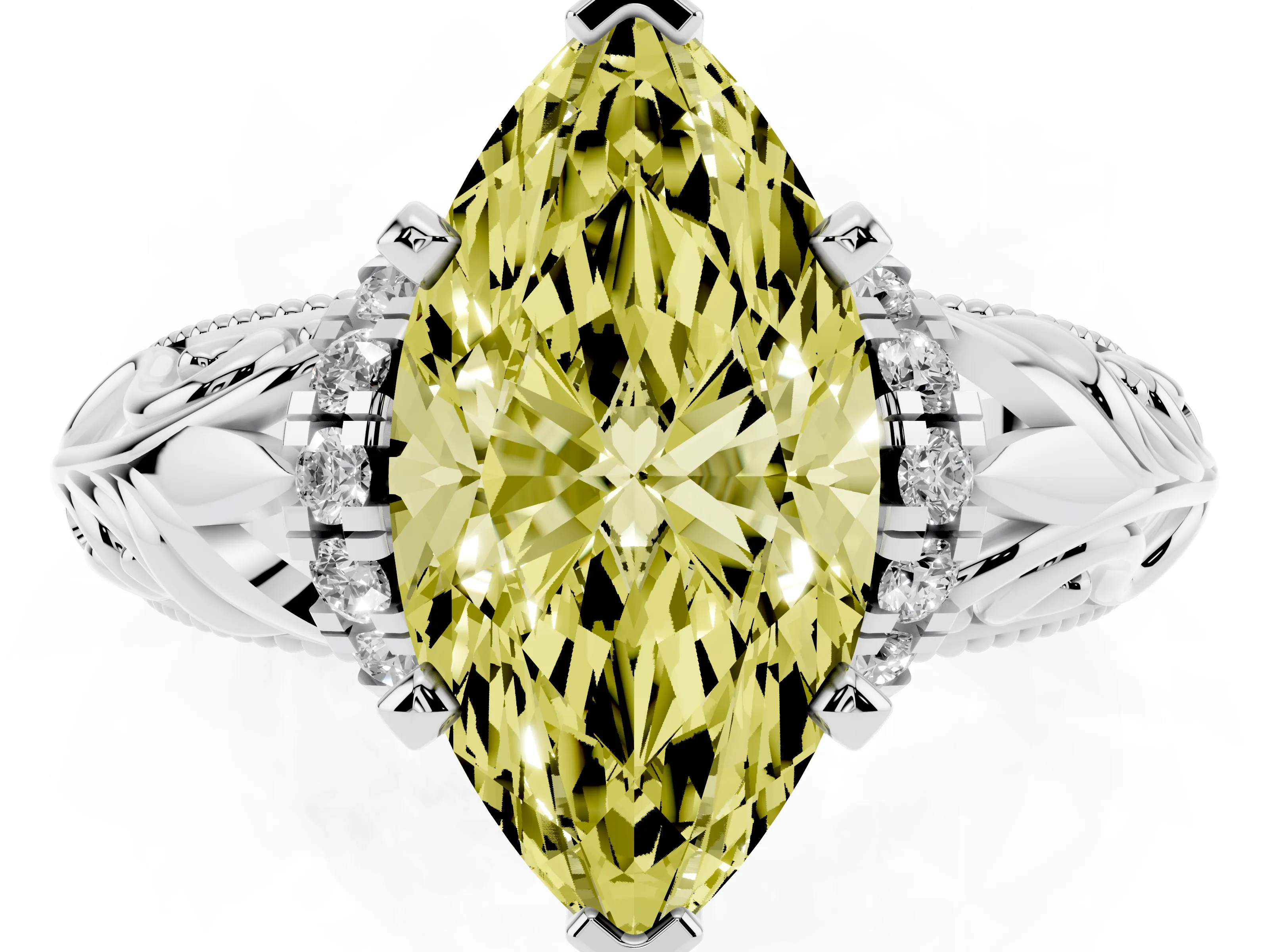 Fancy Yellow Marquise Cut Diamond Filigree Halo Engagement Ring Set in White gold with Prong Setting