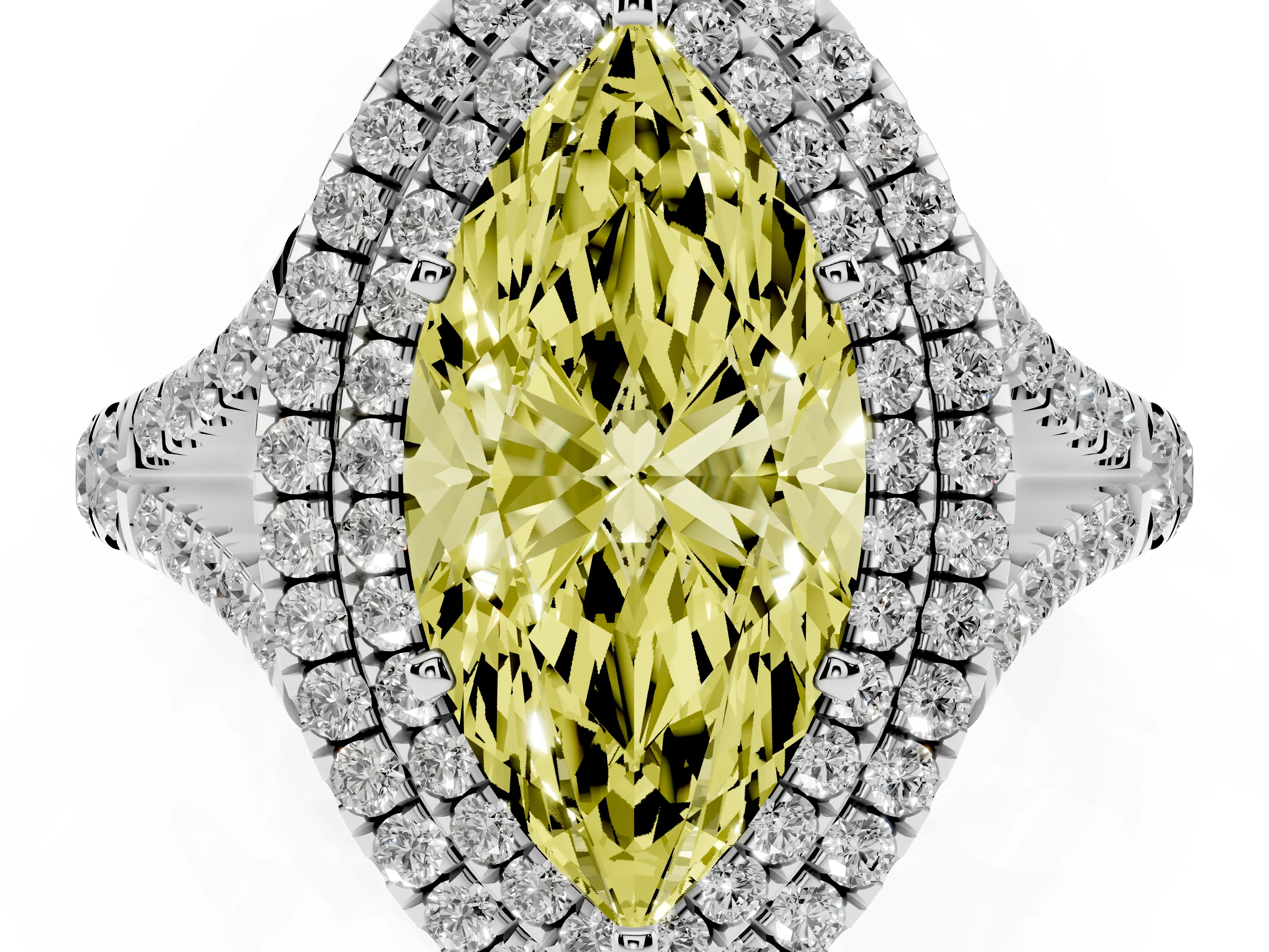 Fancy Yellow Marquise Cut Diamond Pavé Split Shank Double Halo Engagement Ring Set in Silver