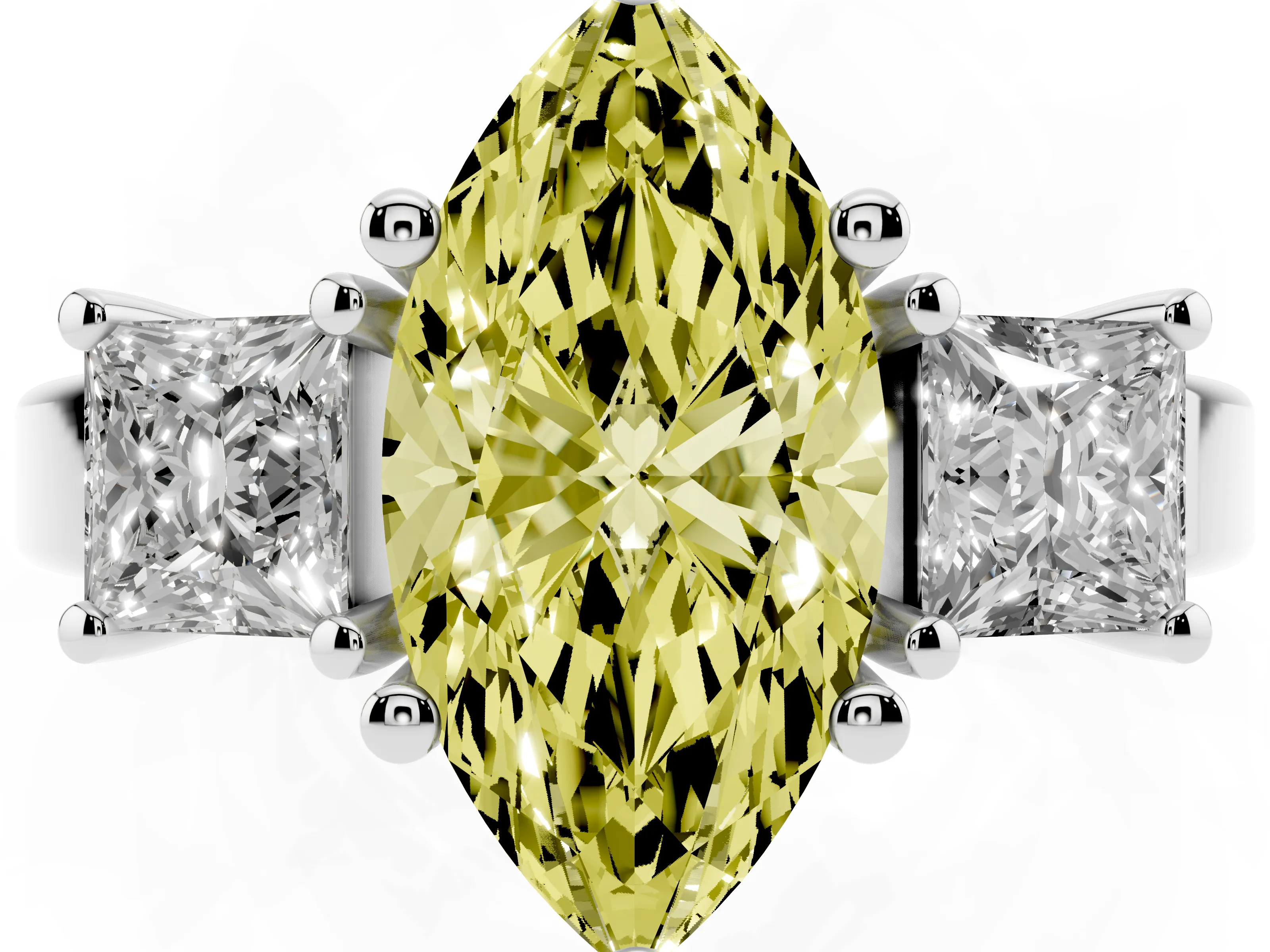 Fancy Yellow Three-Stone Marquise Cut Diamond Solitaire Ring Set in Platinum with Prong Setting