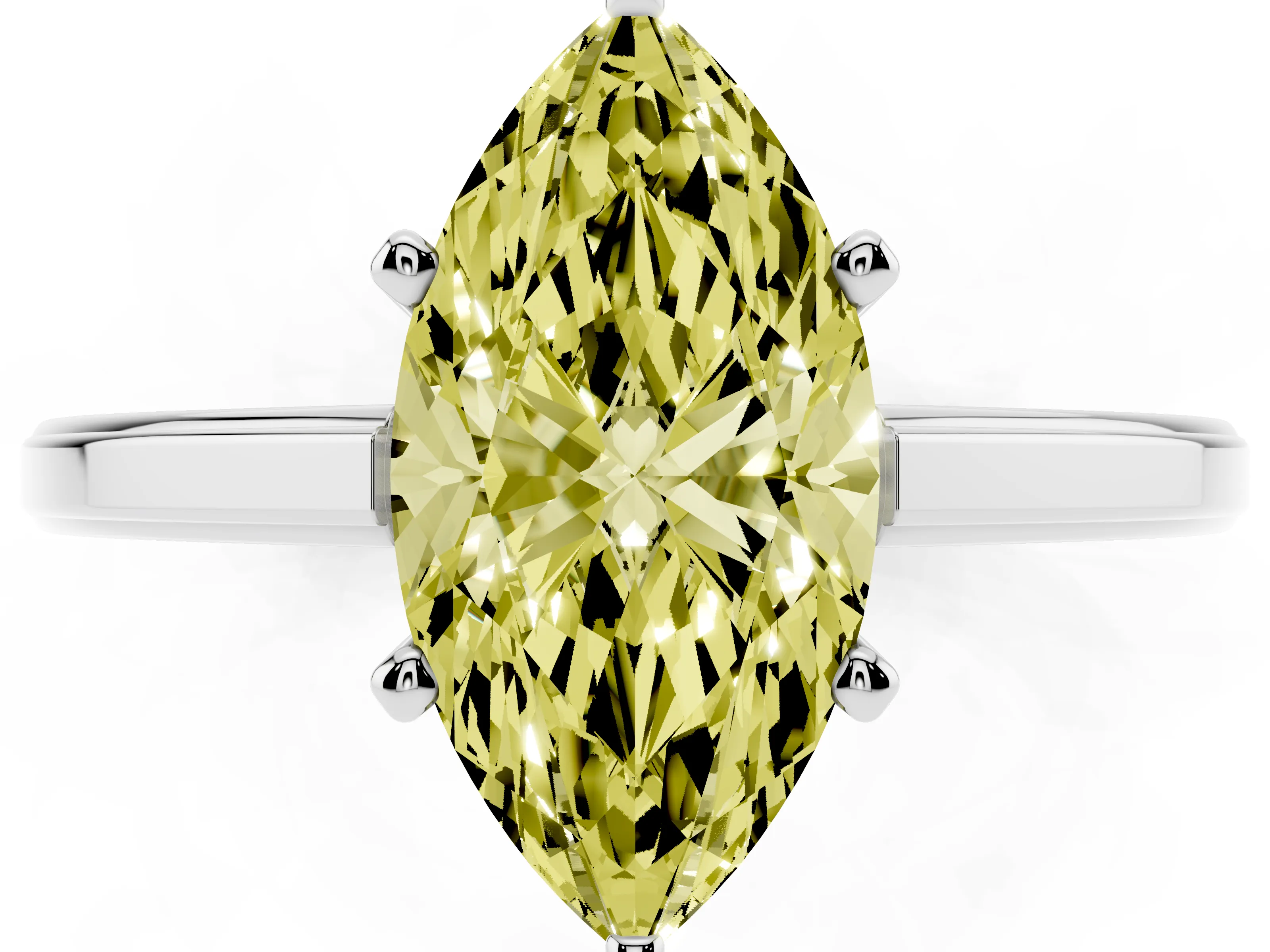 Fancy Yellow Marquise Cut Diamond Solitaire Ring Set in Platinum with Prong Setting and Classic Band