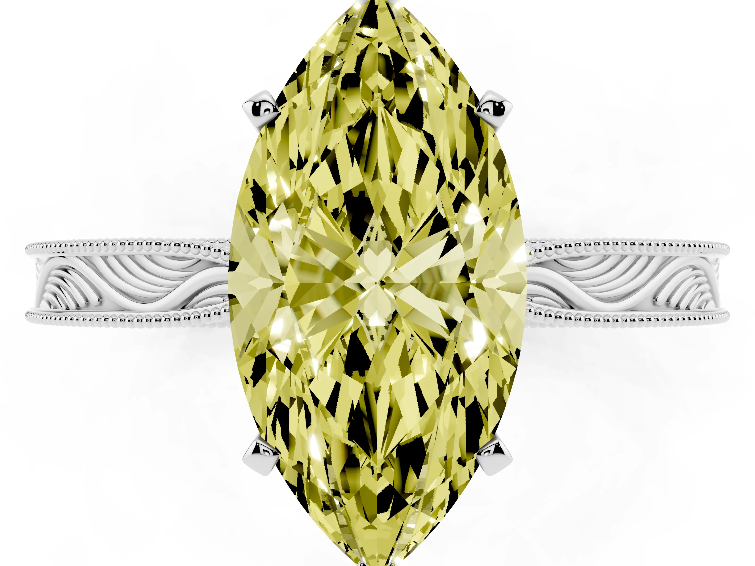 Fancy Yellow Marquise Cut Diamond Solitaire Milgrain Engraved Band Set in White gold with Prong Setting