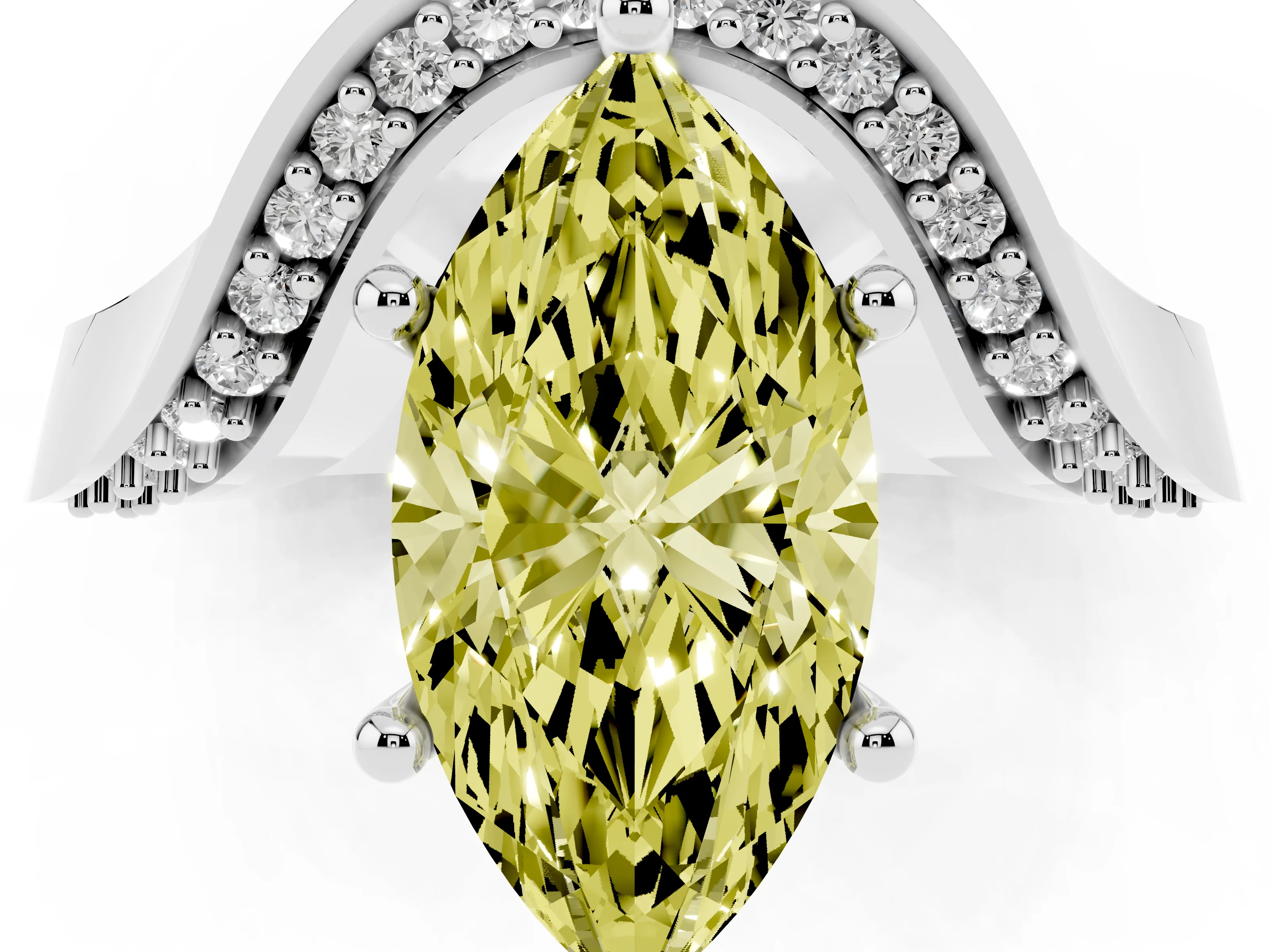 Fancy Yellow Marquise Cut Diamond Solitaire Engagement Ring Set in White gold with Pavé Shoulders