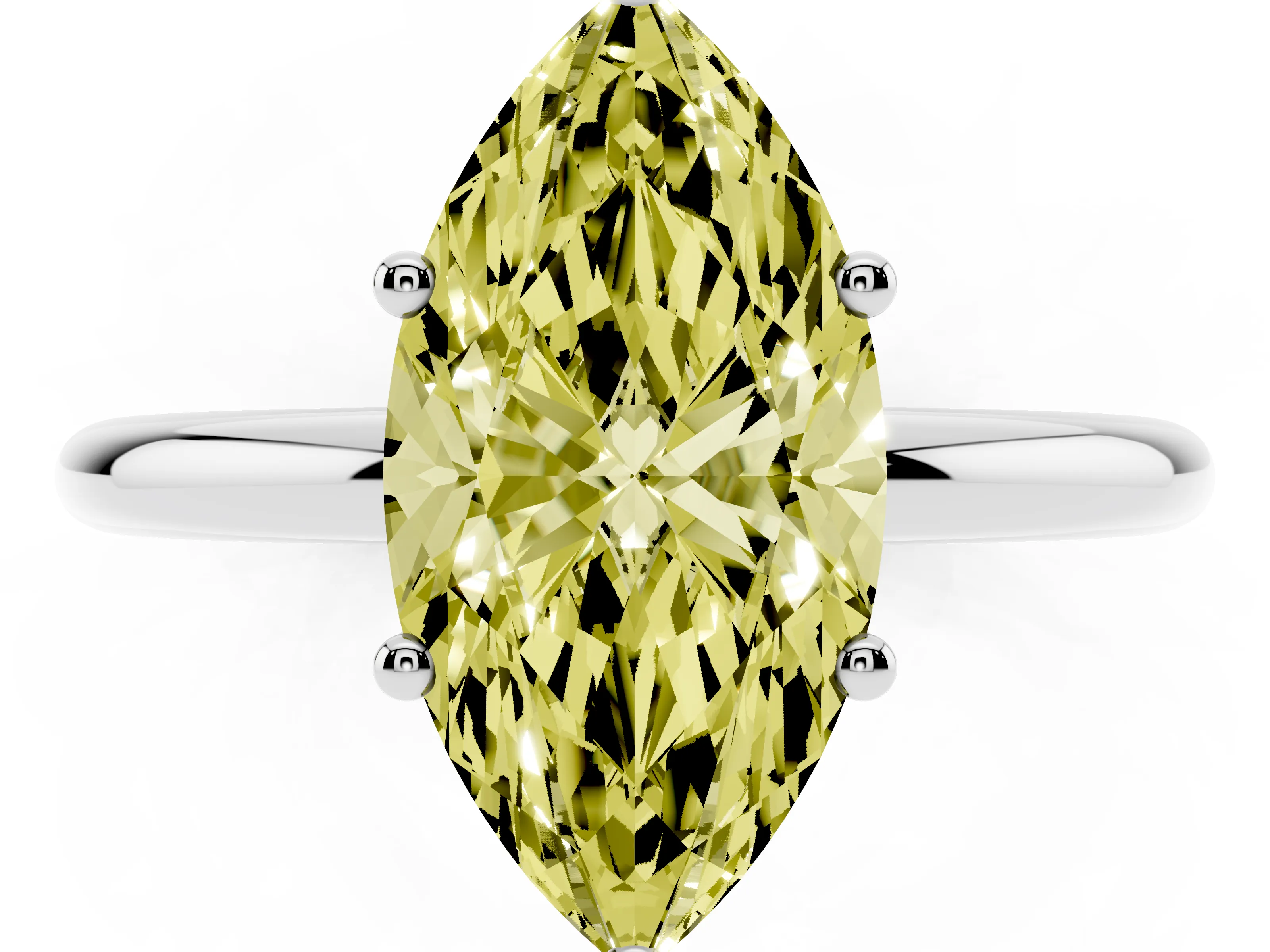 Fancy Yellow Marquise Cut Diamond Solitaire Engagement Ring Set in Silver with Prong Setting and Polished Band