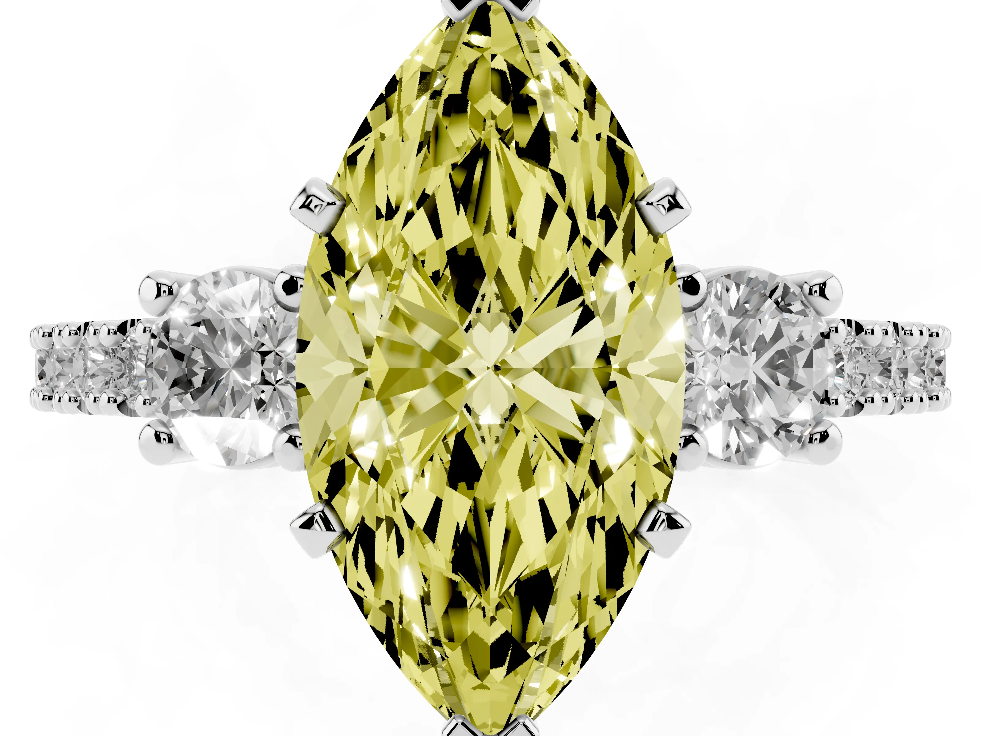 Fancy Yellow Three-Stone Marquise Cut Diamond Pavé Band Ring Set in Platinum with Prong Setting