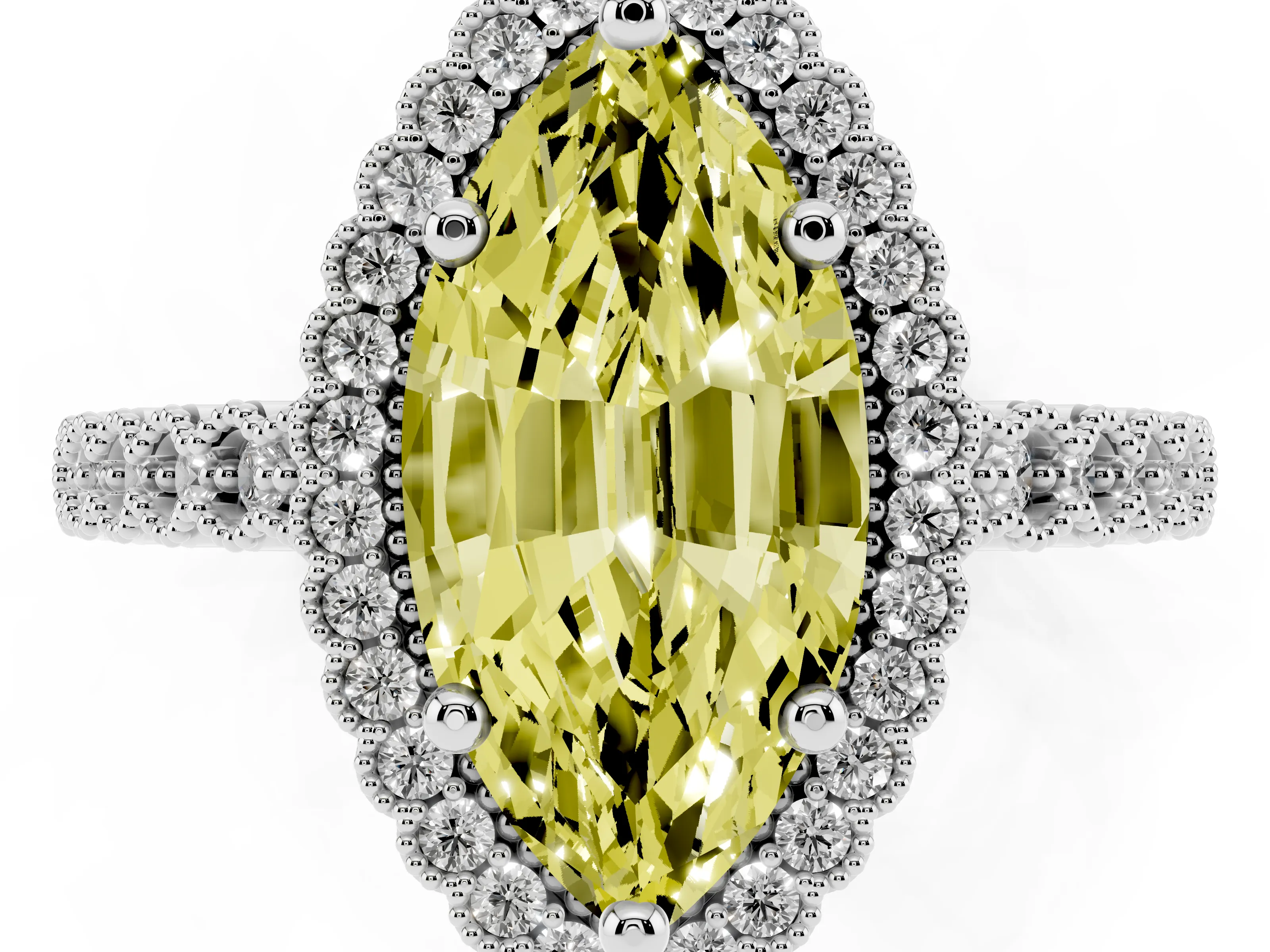Fancy Yellow Marquise Cut Diamond Halo Ring Set in Silver with Pavé Milgrain Band