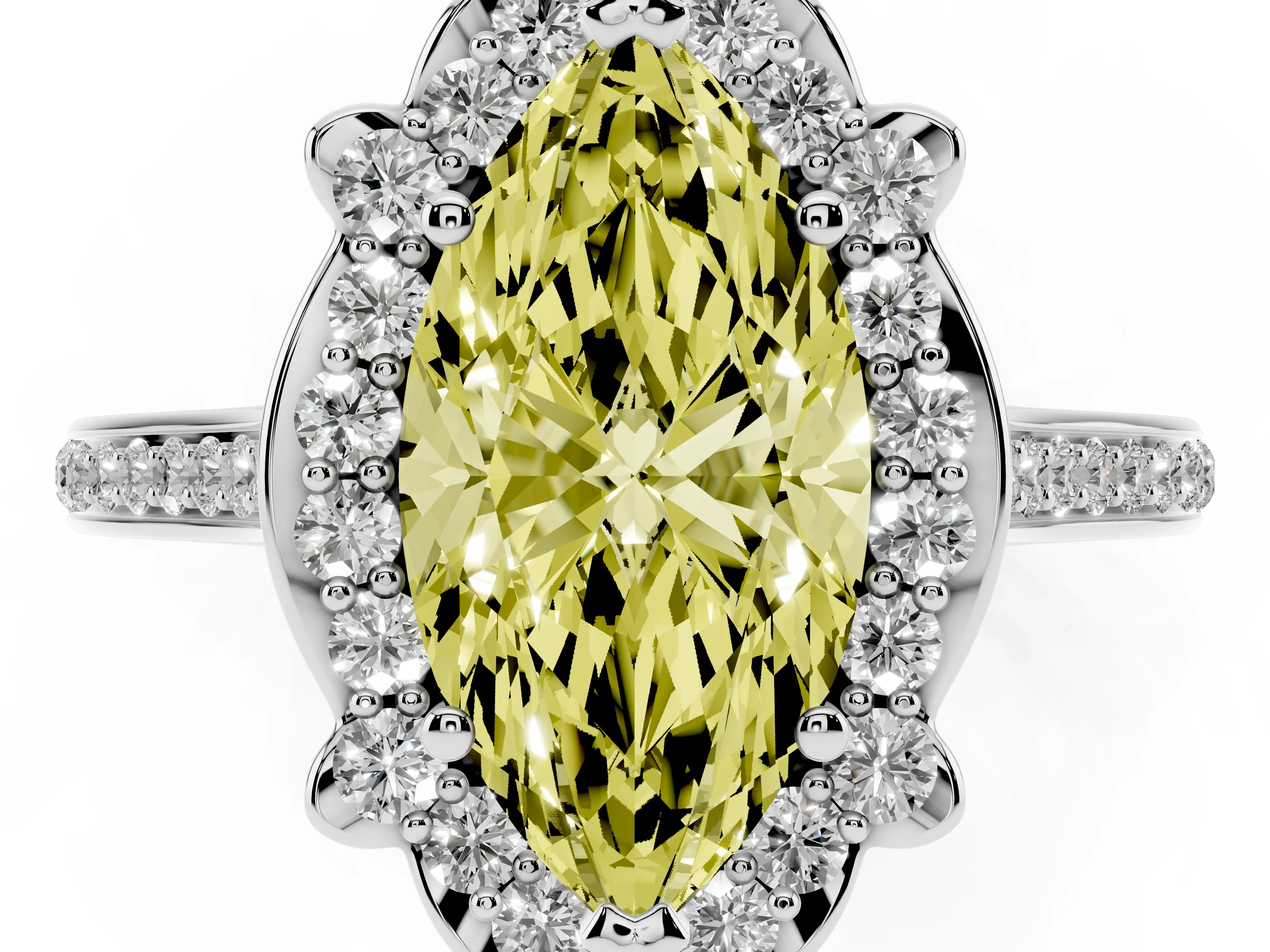 Fancy Yellow Marquise Cut Diamond Halo Ring Set in White gold with Pavé-Lined Shoulders and Prong Setting