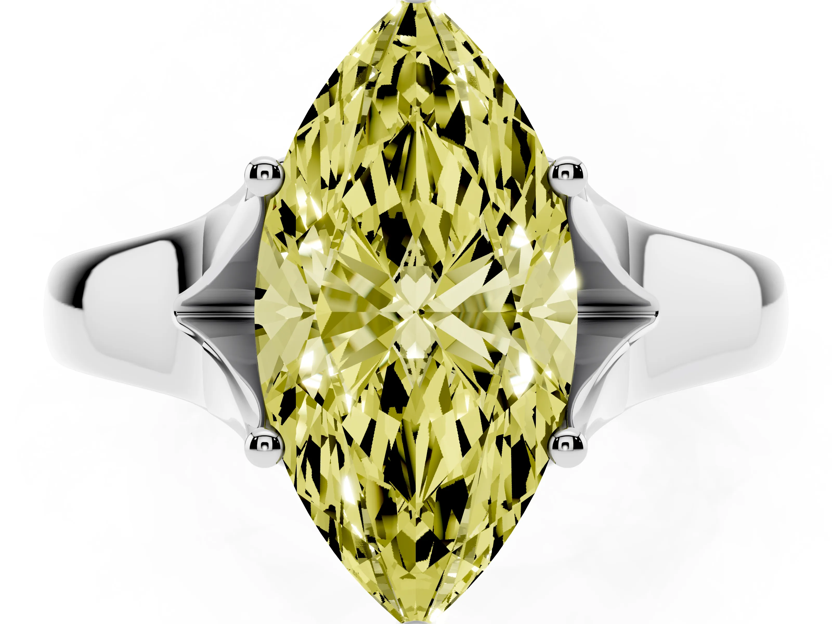 Fancy Yellow Marquise Cut Diamond Solitaire Ring Set in White gold with Arched Cathedral Band and Prong Setting
