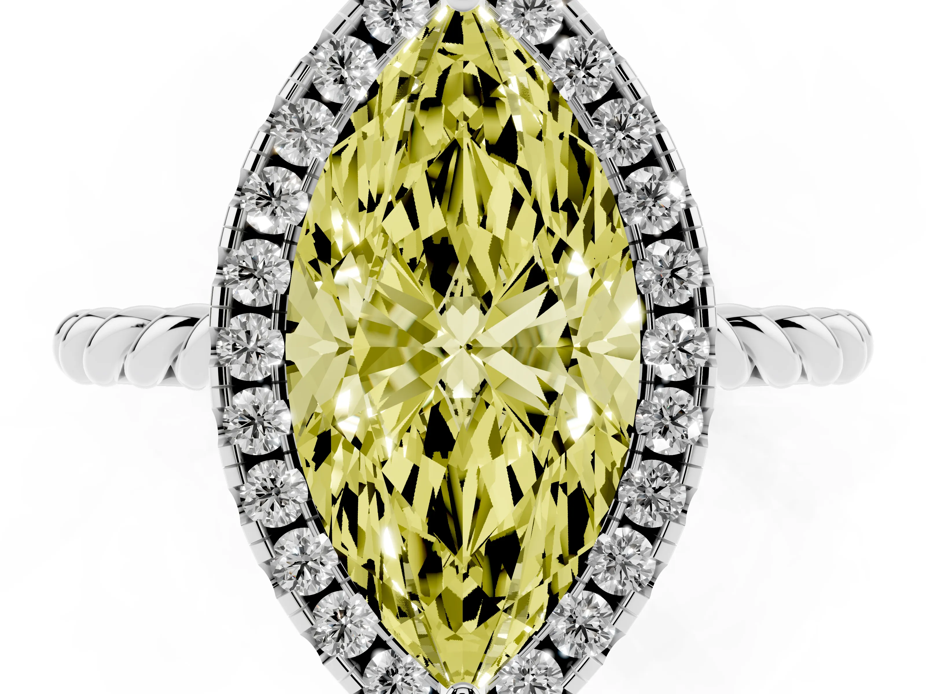 Fancy Yellow Marquise Cut Diamond Halo Ring Set in Platinum with Plain Twisted Band