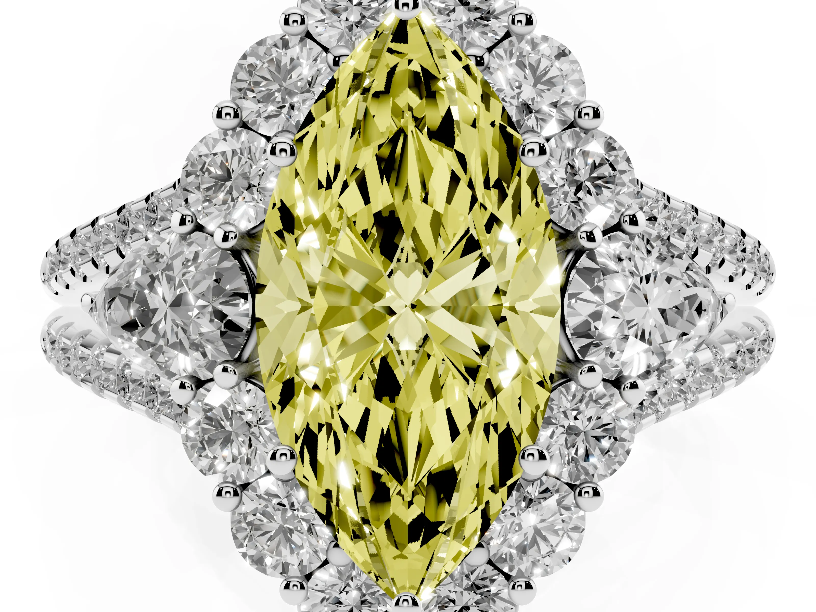 Fancy Yellow Marquise Cut Diamond Halo Split Shank Engagement Ring Set in Platinum with Prong-Held Center Stone