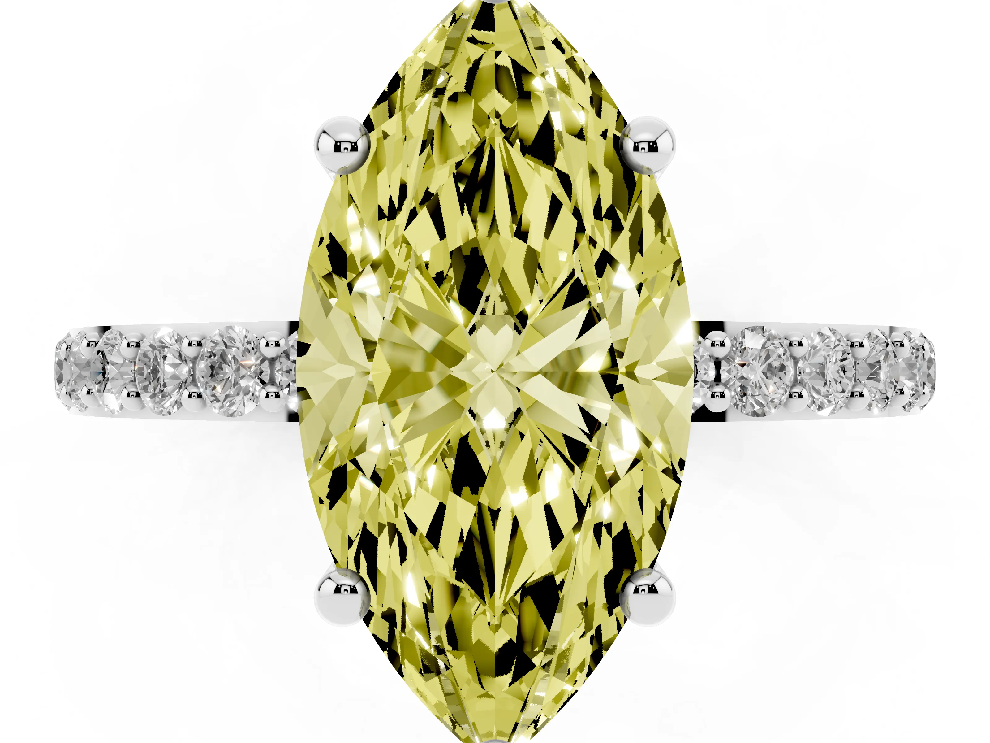 Fancy Yellow Marquise Cut Diamond Solitaire Ring Set in Platinum with Round Pavé Band and Prong Setting