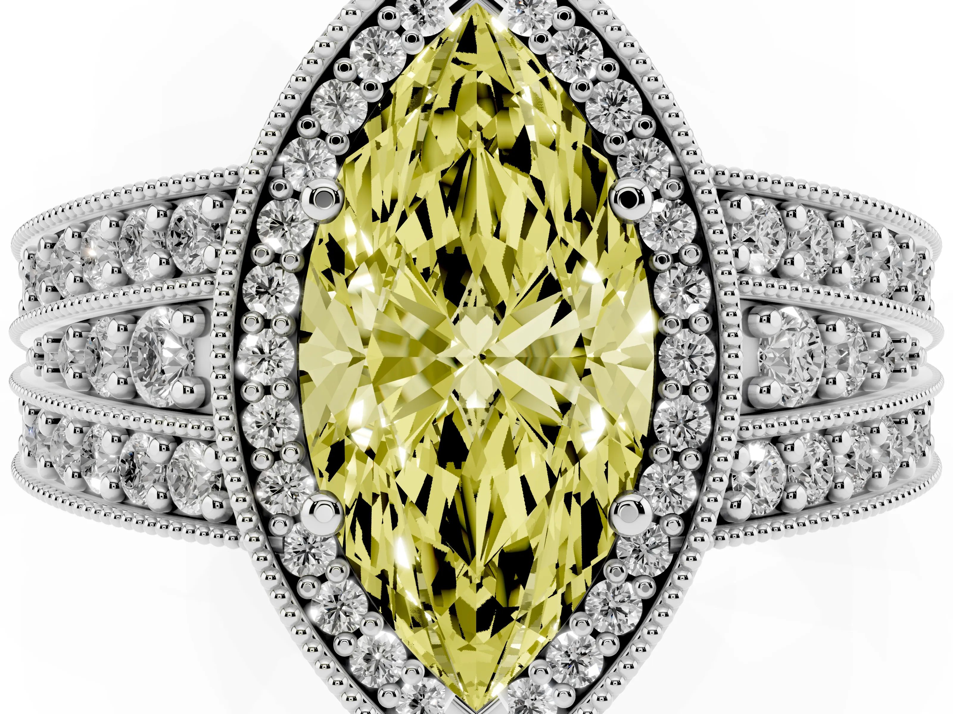 Fancy Yellow Marquise Cut Diamond Halo Ring Set in Silver with Accent Split Shank and Prong Setting
