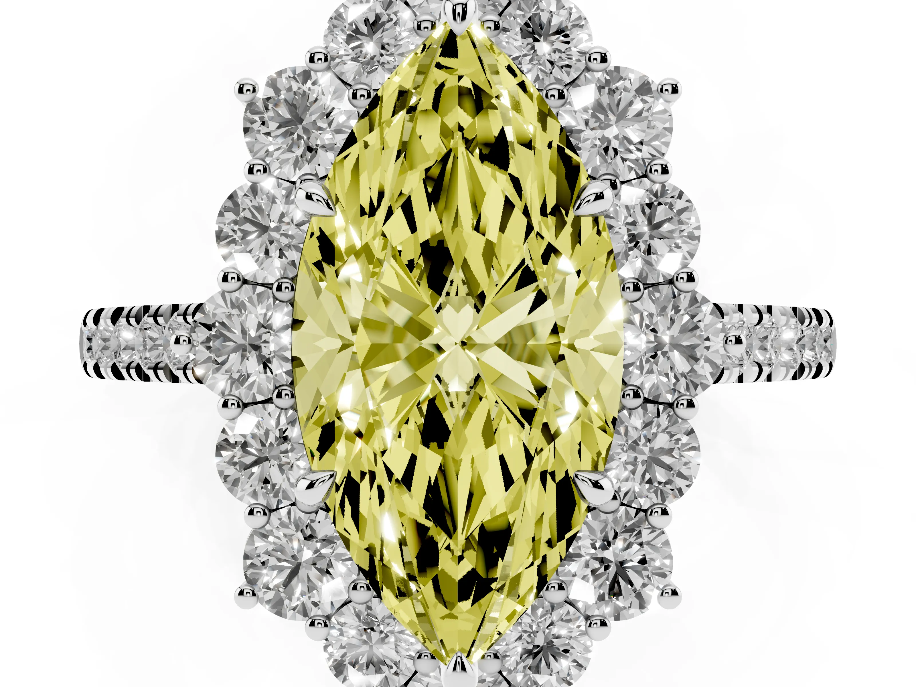 Fancy Yellow Marquise Cut Diamond Halo Ring Set in Silver with Pavé Band and Prong Setting