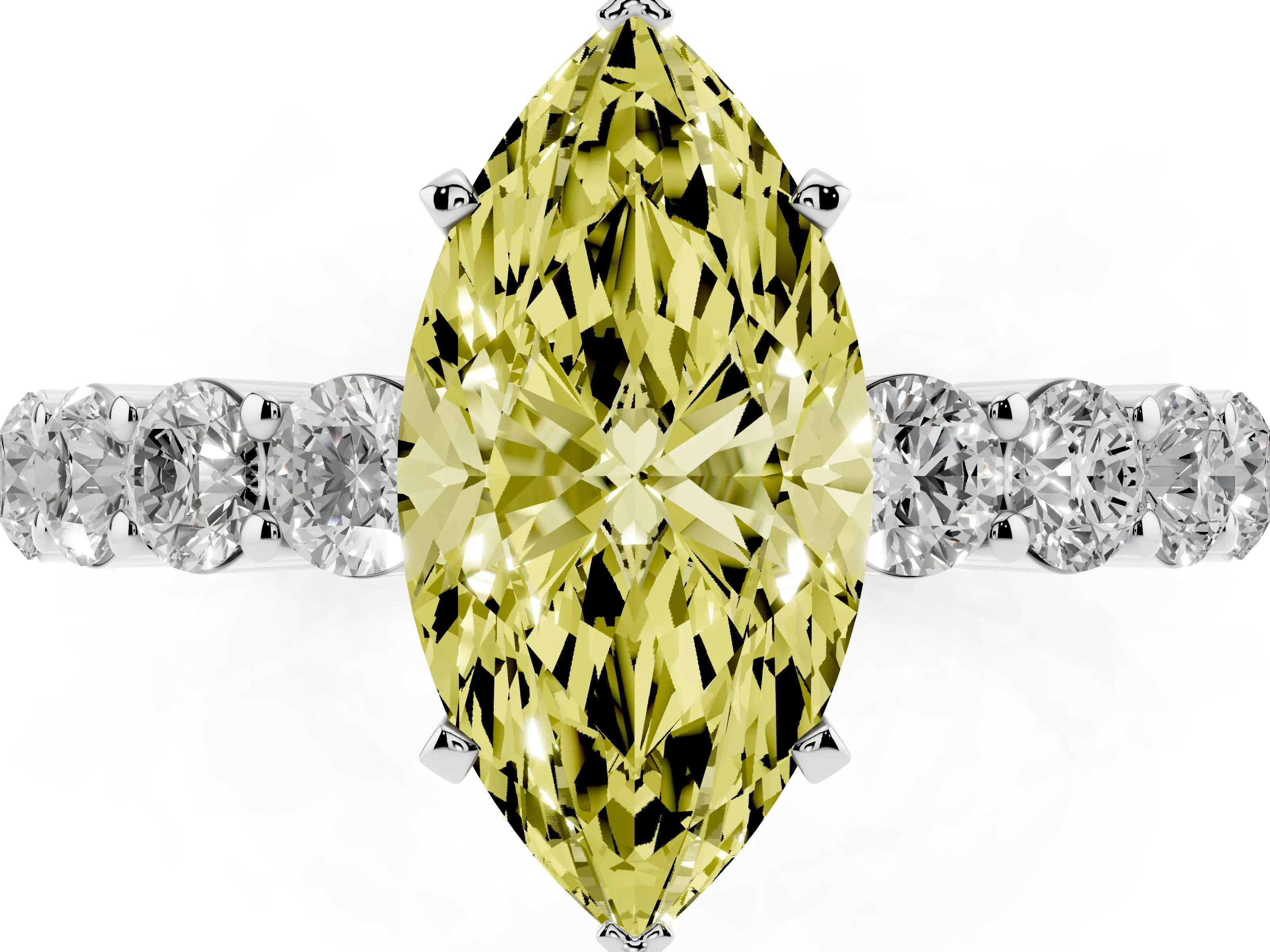 Fancy Yellow Marquise Cut Diamond Solitaire Ring Set in Silver with Shared Prong Round Side Stones