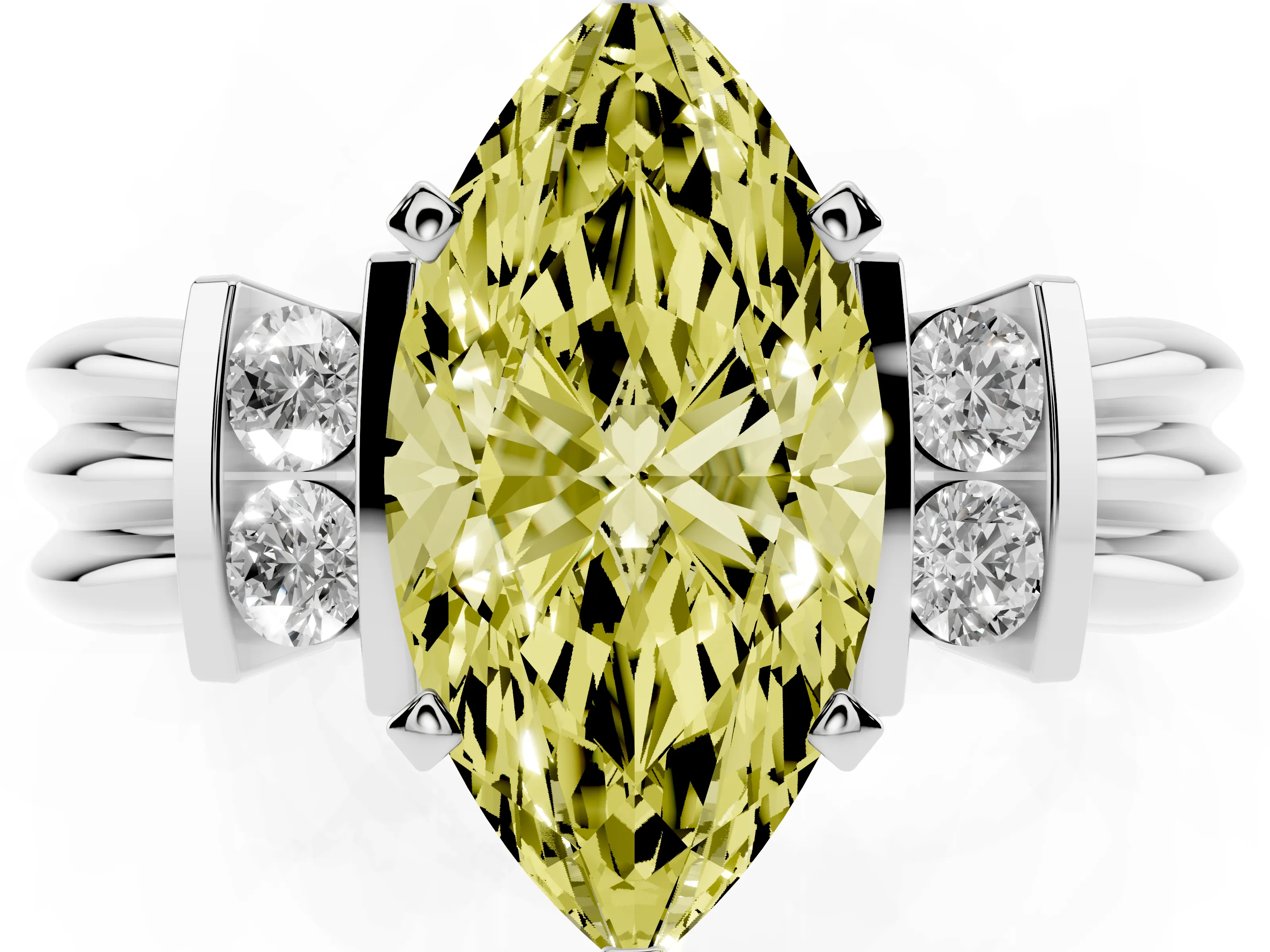 Fancy Yellow Three-Stone Marquise Cut Diamond Channel Set Ring Set in Silver with Bar Prongs