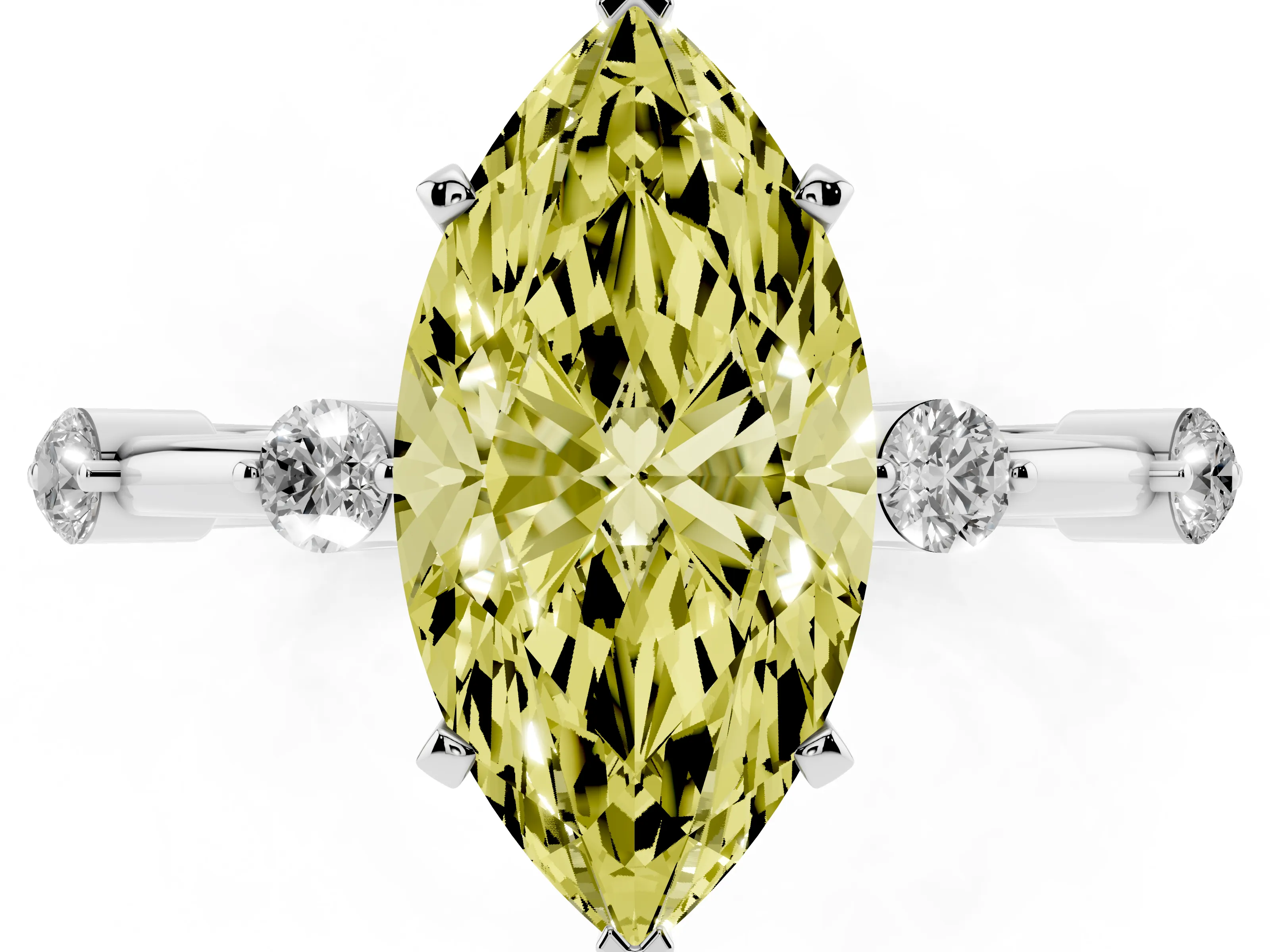 Fancy Yellow Marquise Cut Diamond Solitaire Ring Set in White gold with Bezel Set Side Stones and Prong Setting