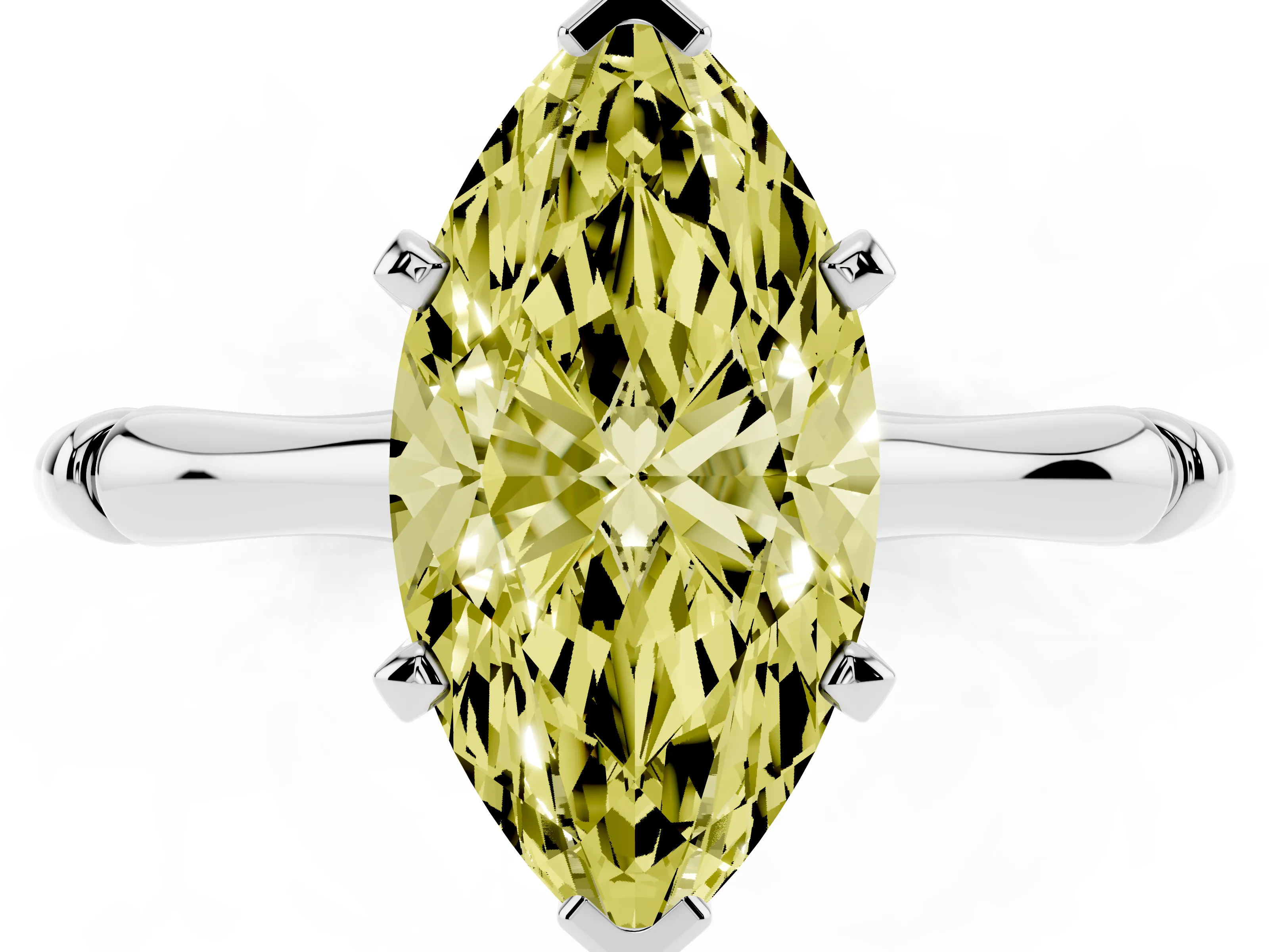 Fancy Yellow Marquise Cut Diamond Solitaire Ring Set in Silver with Bamboo Band and Prong Setting