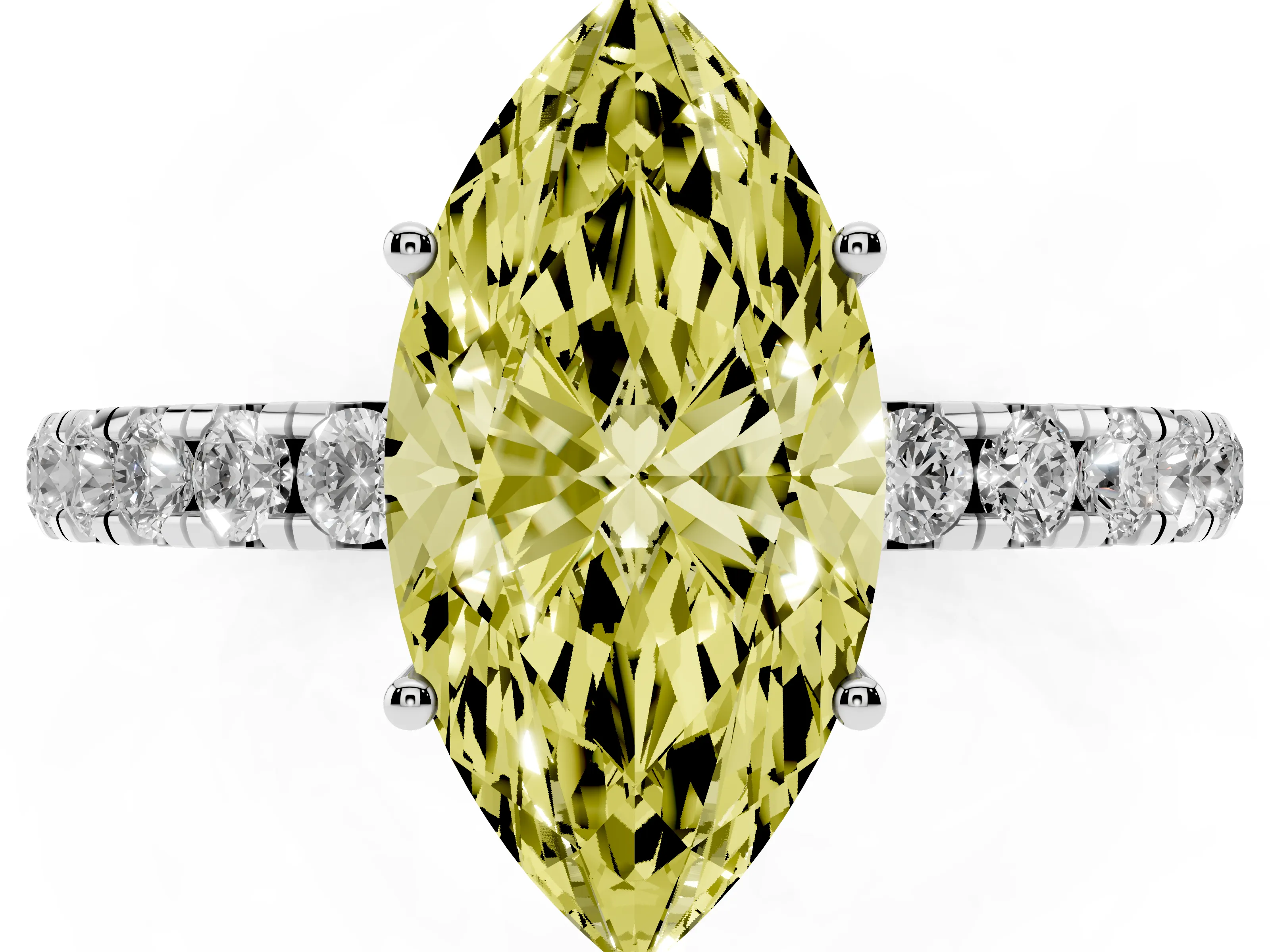Fancy Yellow Marquise Cut Diamond Pavé Solitaire Engagement Ring Set in Silver with Prong Setting