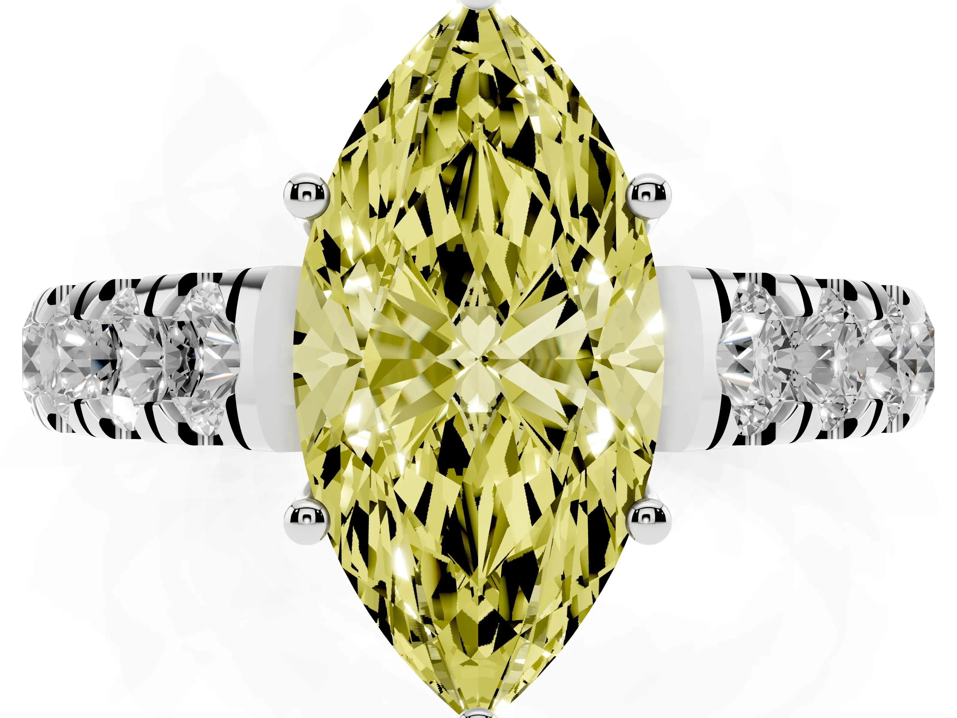 Fancy Yellow Marquise Cut Diamond Solitaire Ring Set in Platinum with Cut-Down Micro Pavé Band and Prong Setting