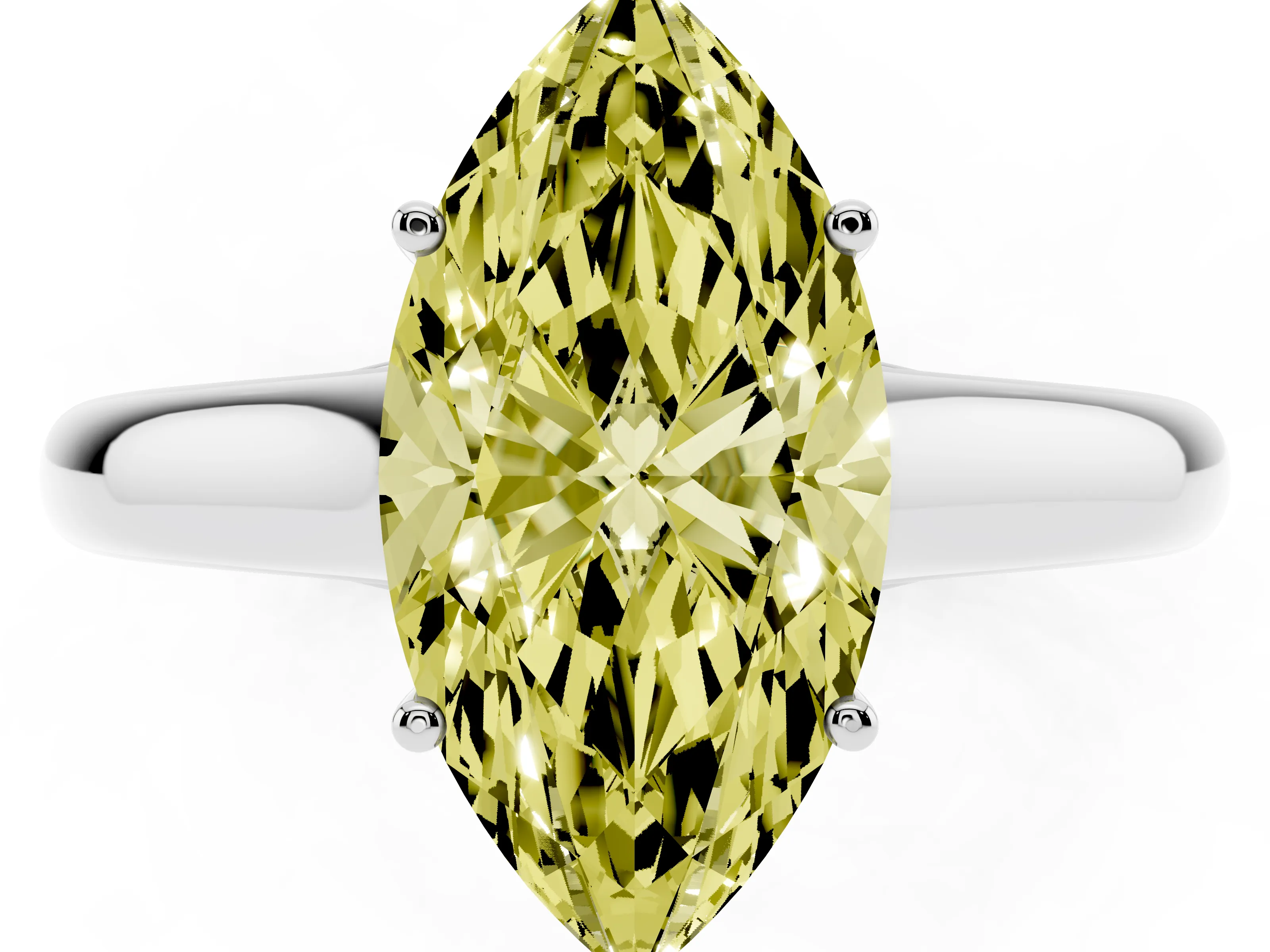 Fancy Yellow Marquise Cut Diamond Solitaire Engagement Ring Set in White gold with Subtly Tapered Band and Prong Setting