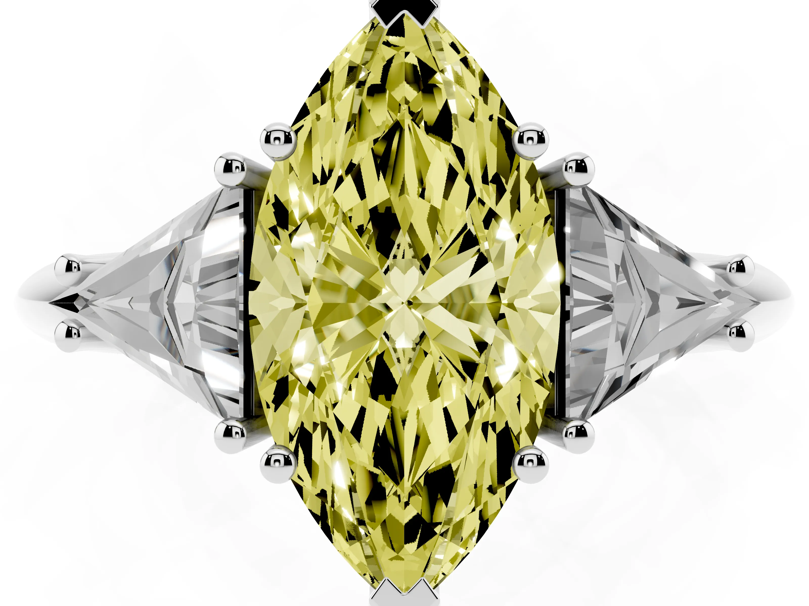 Fancy Yellow Marquise Cut Diamond Three-Stone Engagement Ring Set in Platinum with Trillion Side Stones