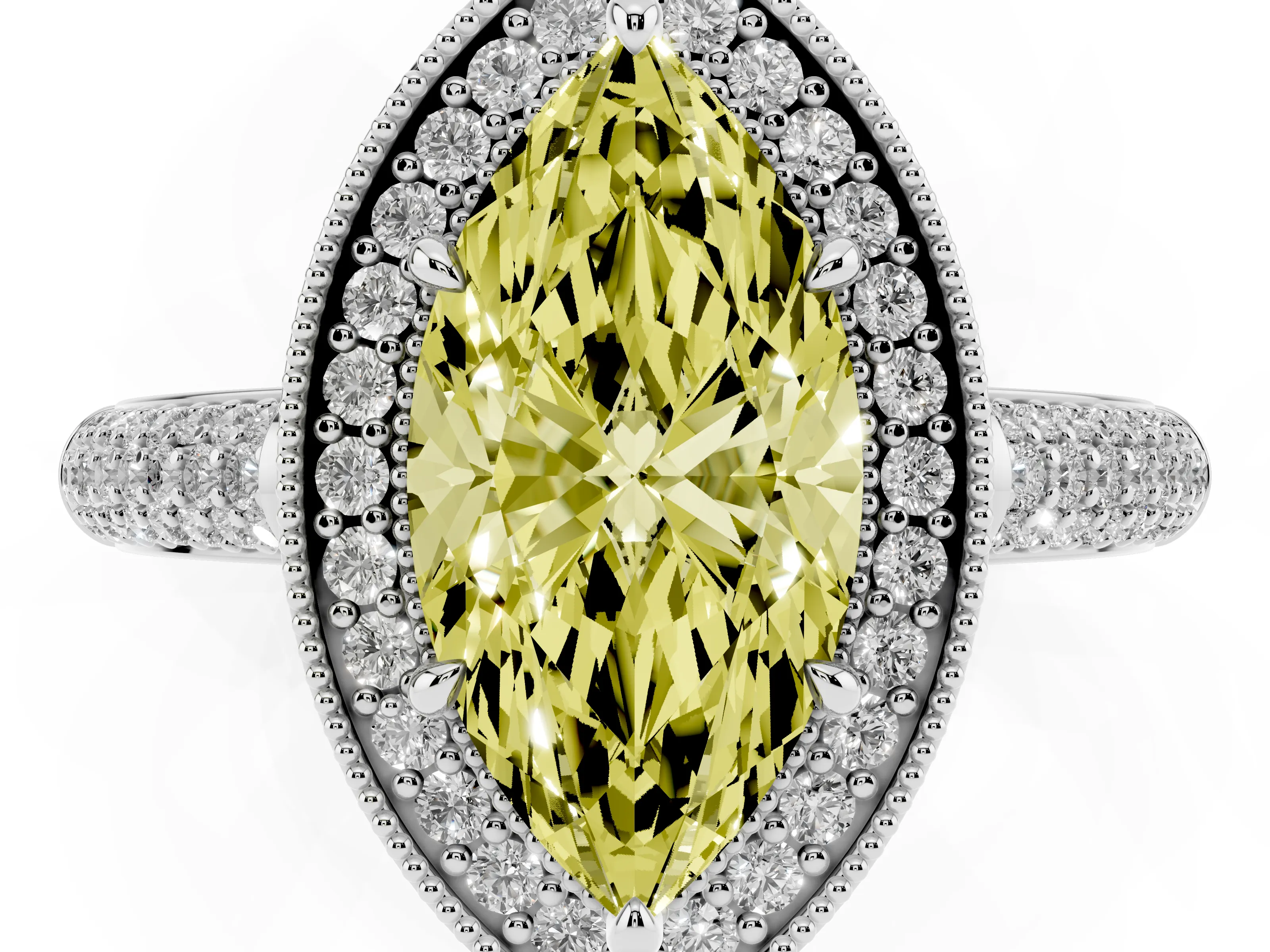 Fancy Yellow Marquise Cut Diamond Halo Pavé Band Set in Silver with Prong Setting