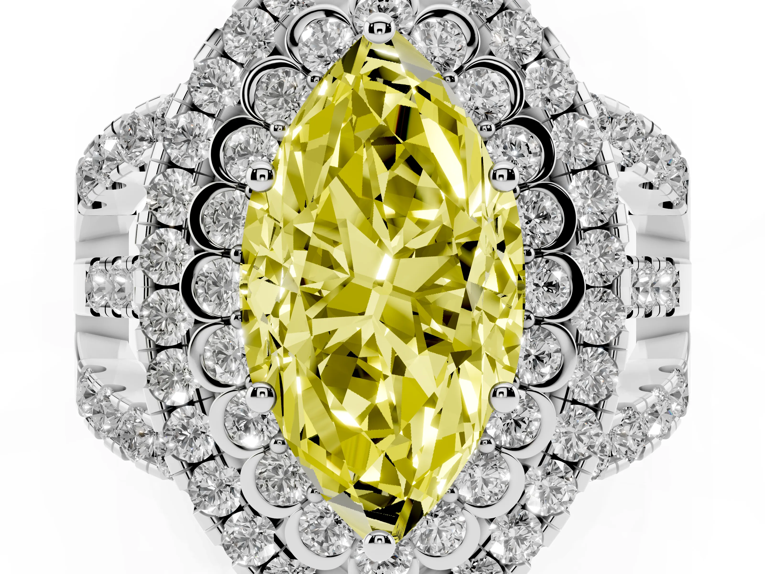 Fancy Yellow Marquise Cut Diamond Double Halo Ring Set in White gold with Round Pavé Split Shank