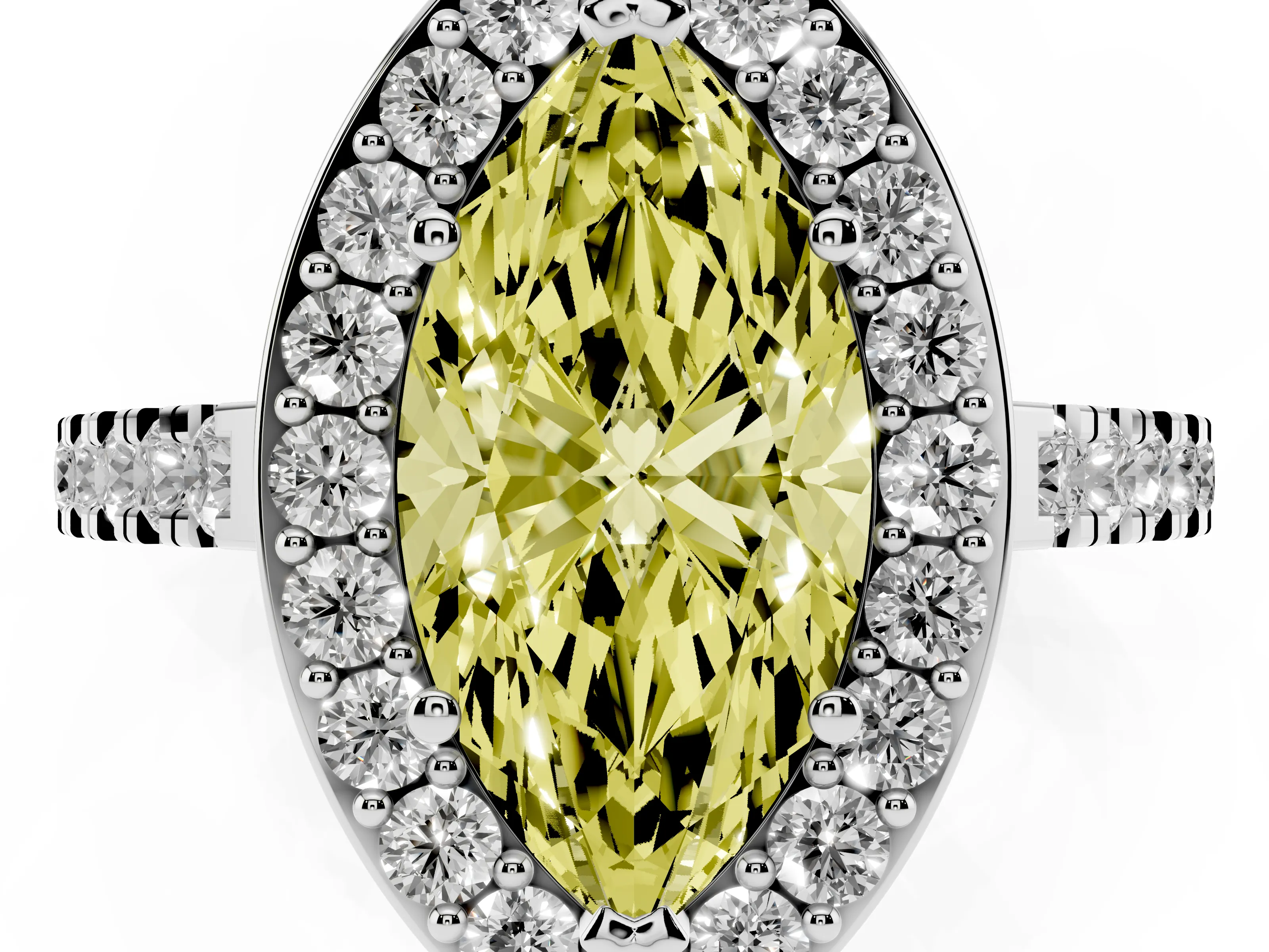 Fancy Yellow Marquise Cut Diamond Halo Ring Set in Silver with Round Pavé Split Shank and Prong Setting