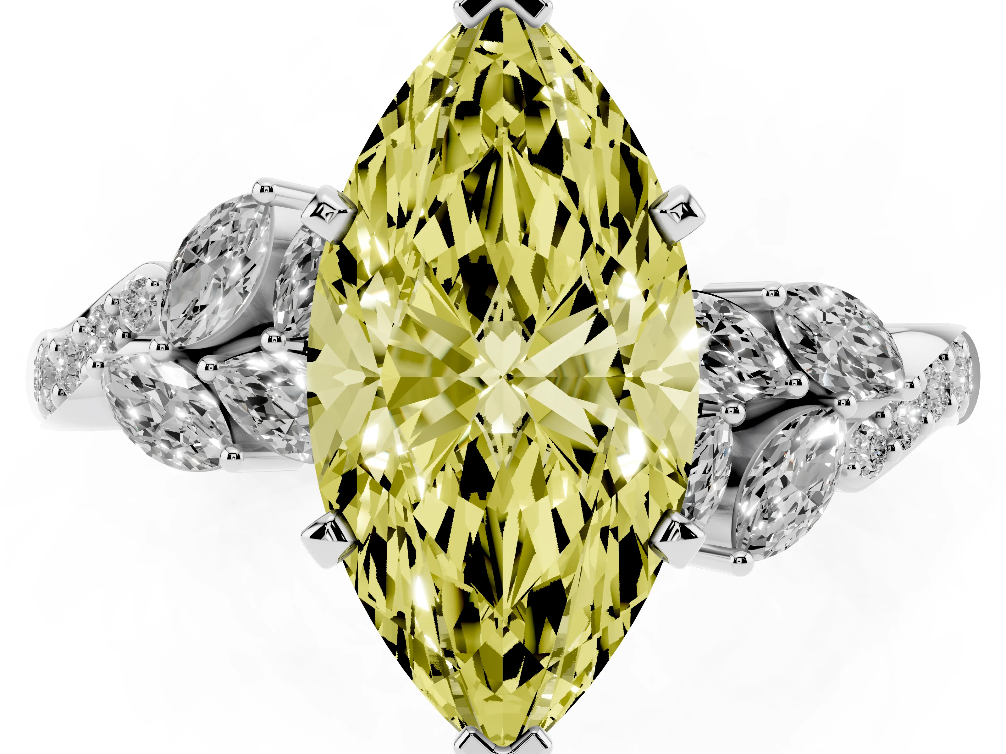 Fancy Yellow Marquise Cut Diamond Solitaire Ring Set in Silver with Marquise Twist Band and Prong Setting