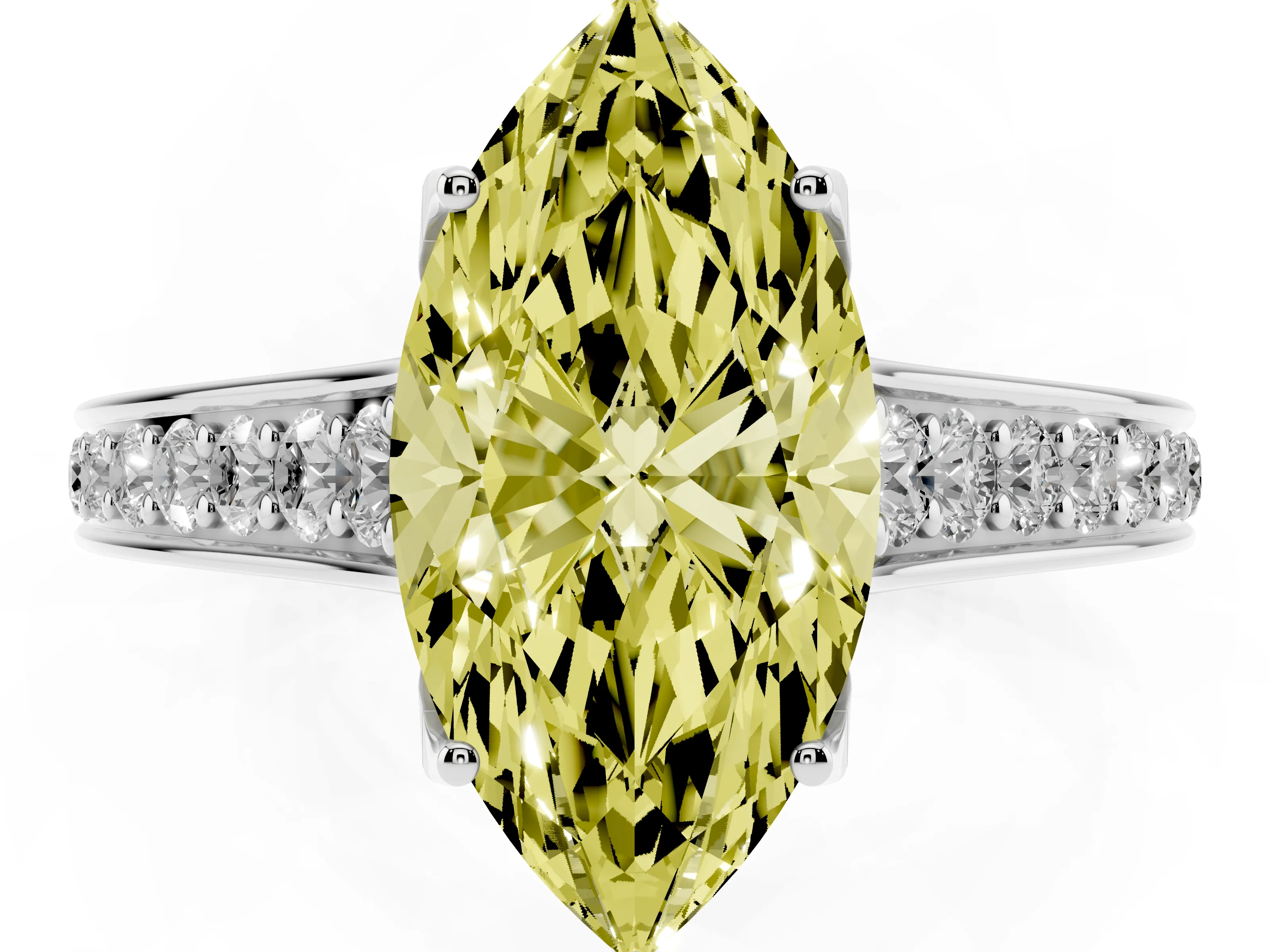 Fancy Yellow Marquise Cut Diamond Solitaire Pavé Engagement Ring Set in White gold with Prong Setting
