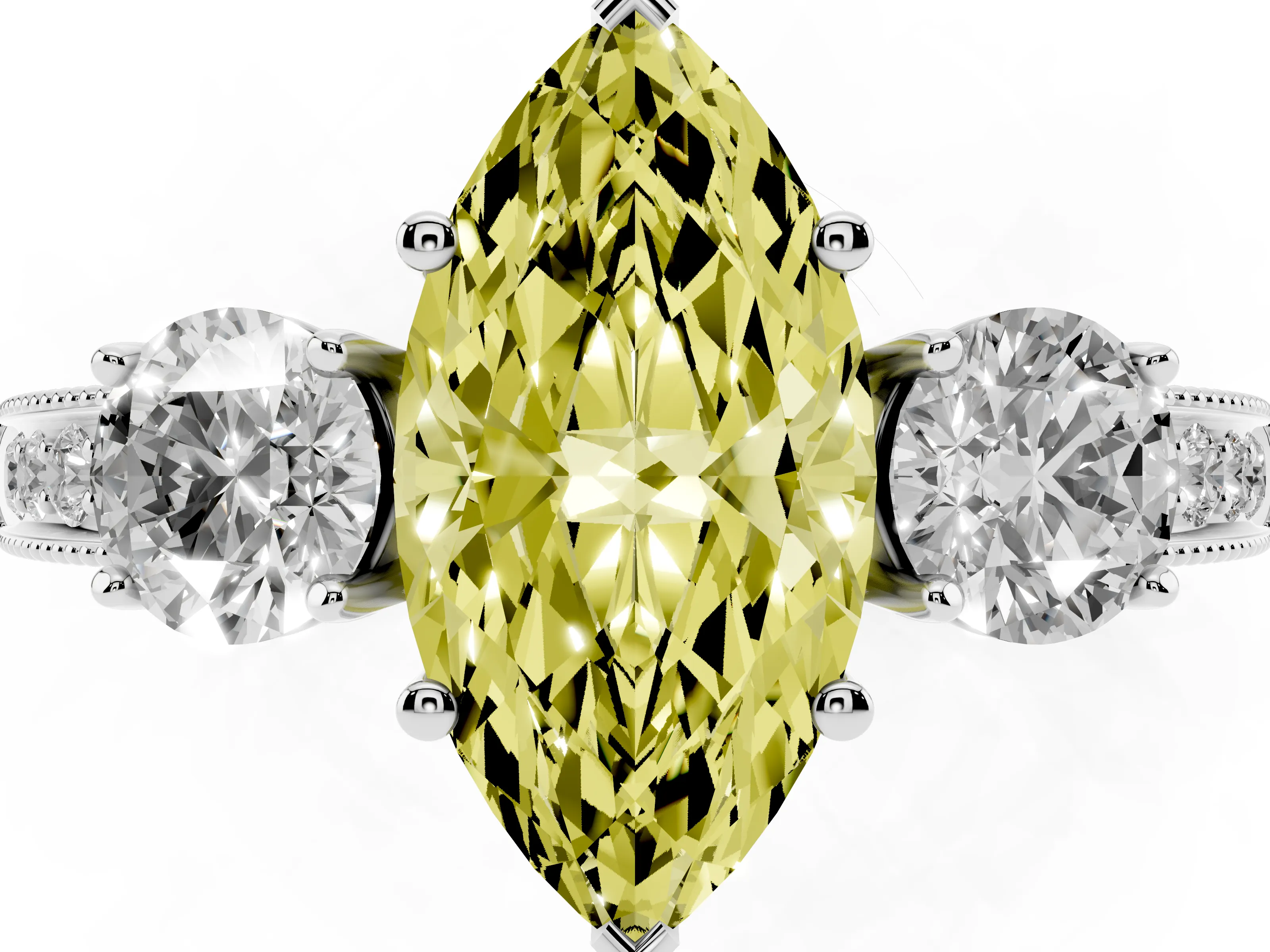 Fancy Yellow Marquise Cut Diamond Three-Stone Ring Set in White gold with Round Side Stones and Pavé Band