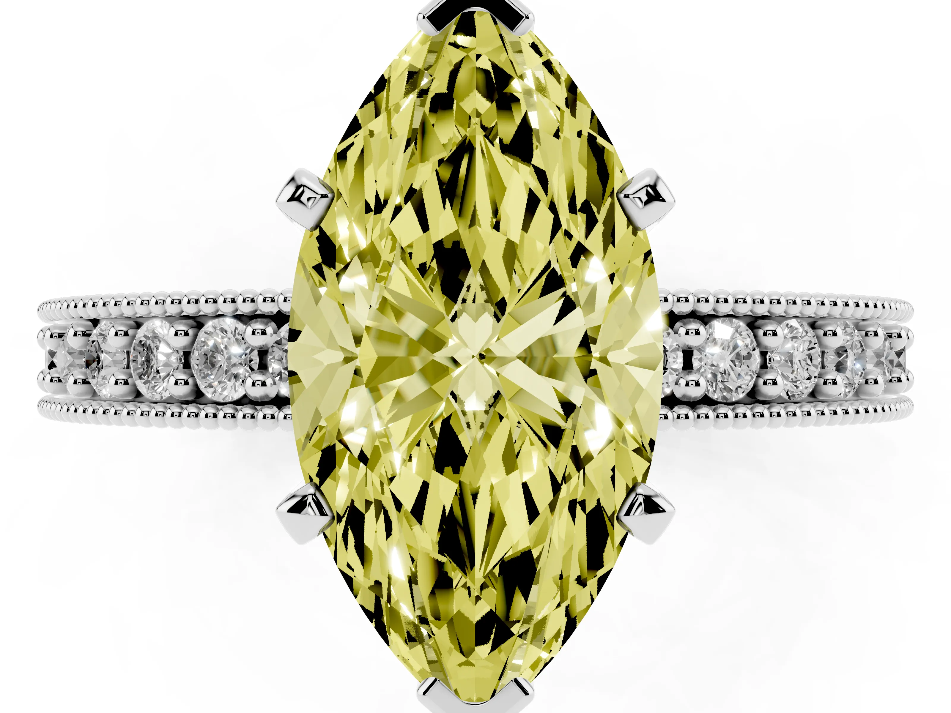 Fancy Yellow Marquise Cut Diamond Milgrain Pavé Engagement Ring Set in Silver with Prong Setting