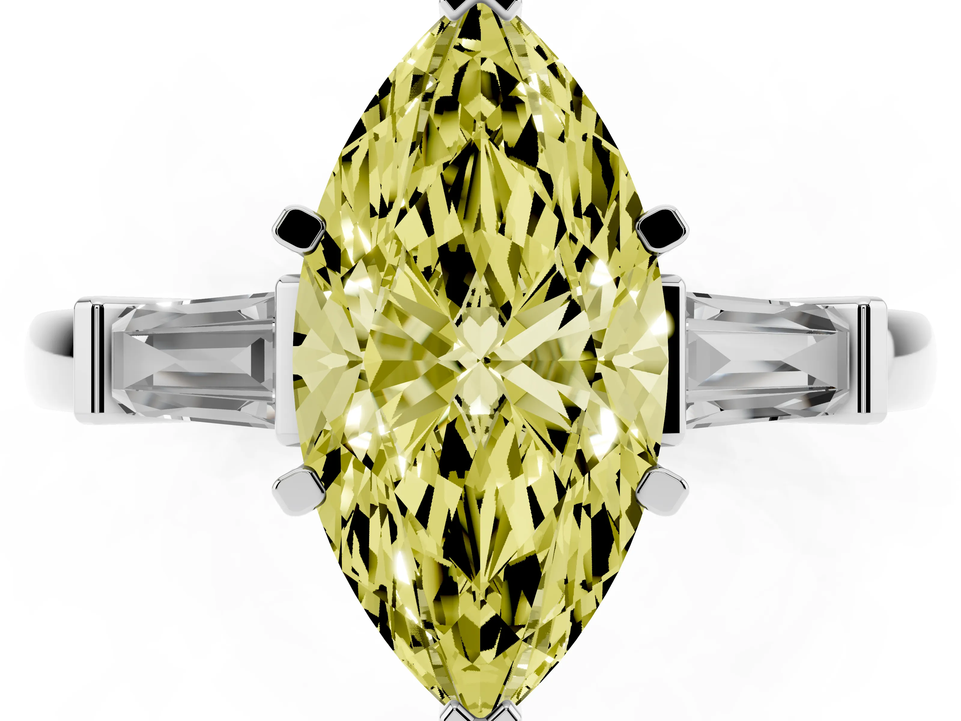 Fancy Yellow Marquise Cut Diamond Solitaire Ring Set in White gold with Tapered Baguette Accents and Prong Setting