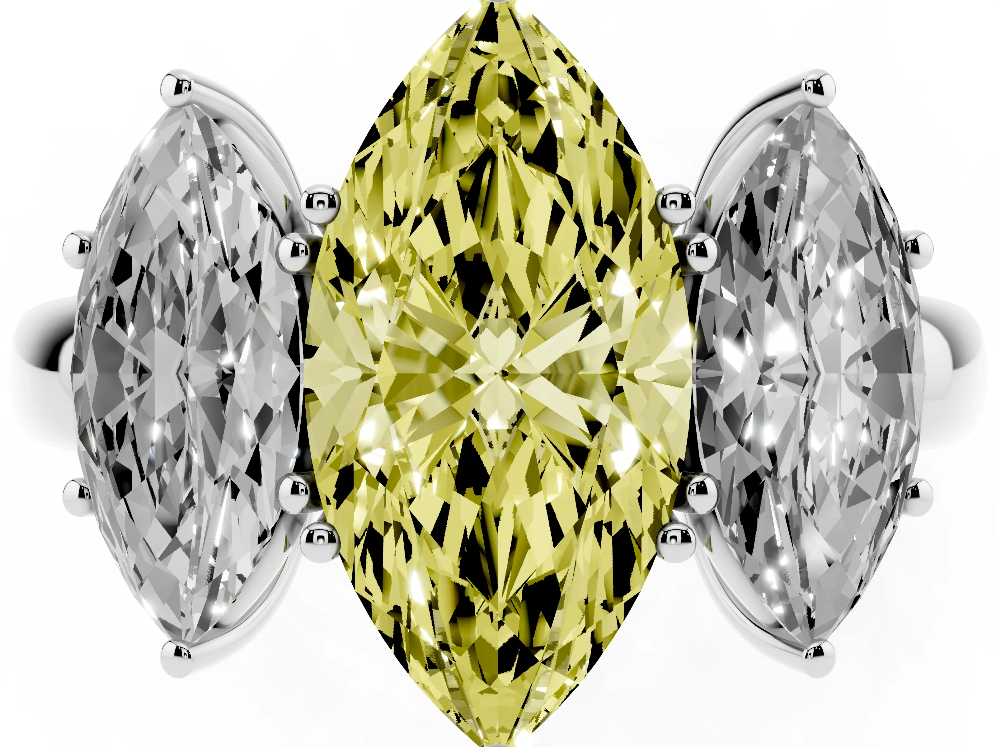 Fancy Yellow Marquise Cut Diamond Three-Stone Ring Set in White gold with Bold Center and Classic Band