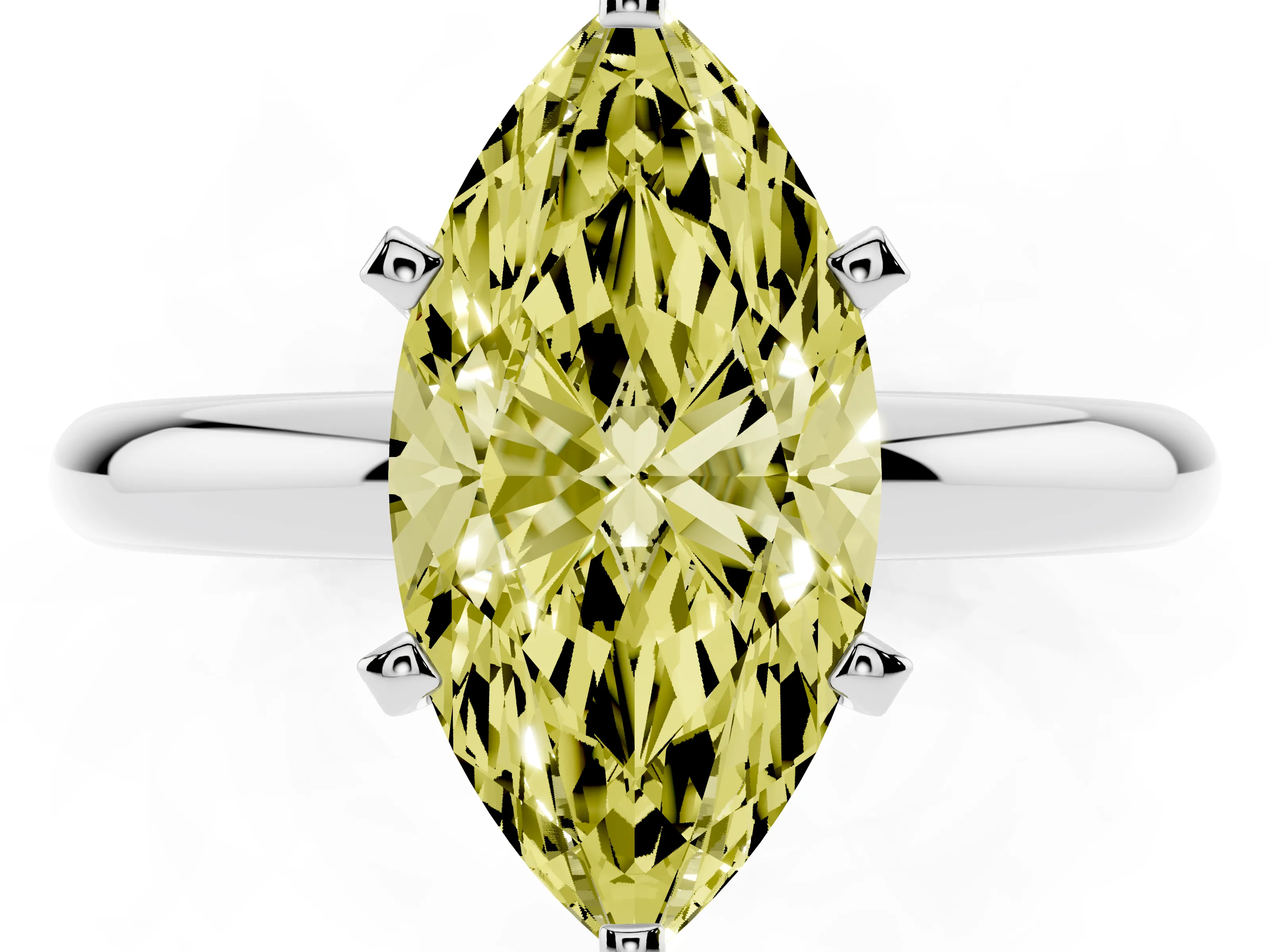 Fancy Yellow Marquise Cut Diamond Solitaire Engagement Ring Set in White gold with Round Band and Prong Setting