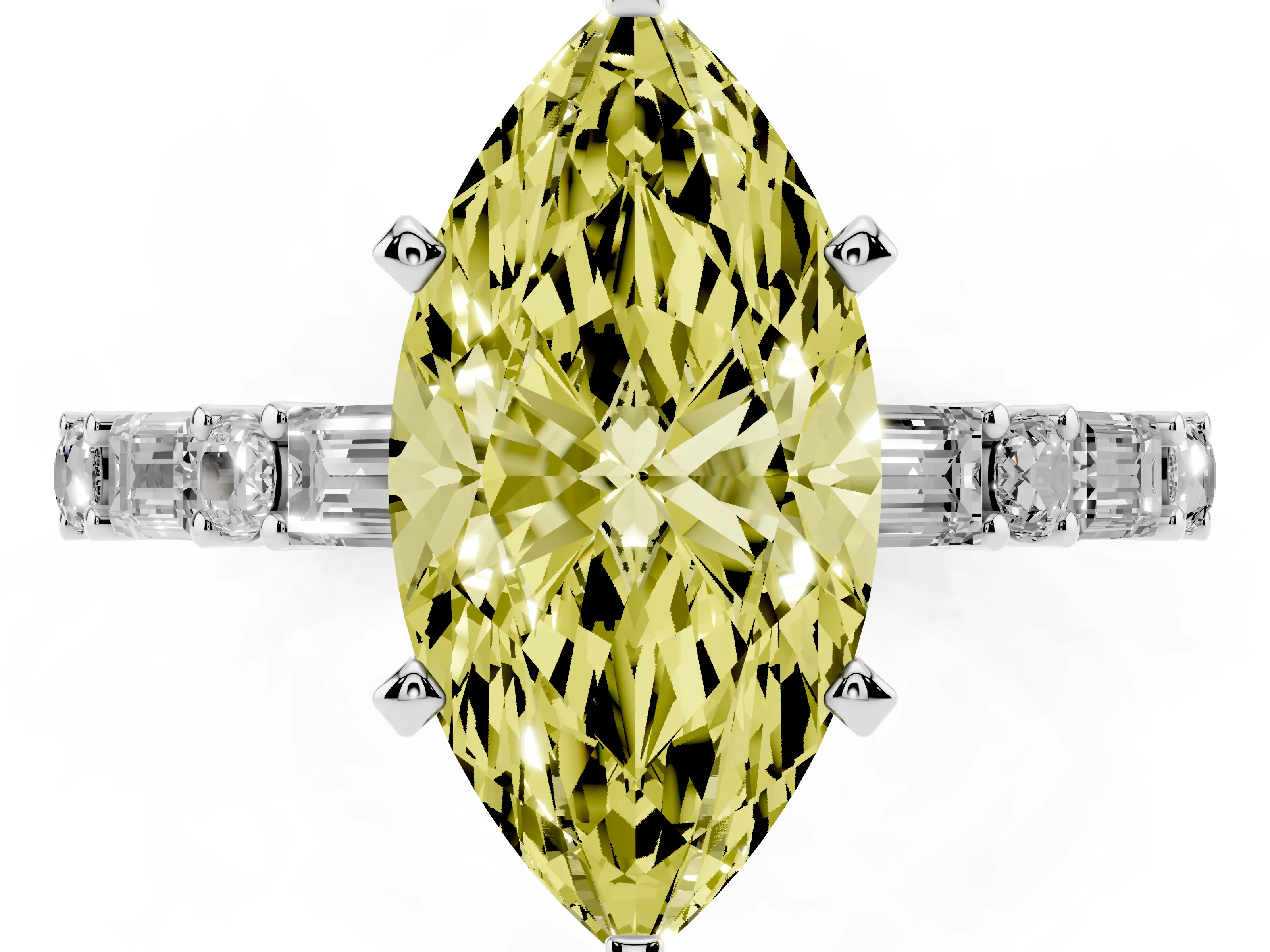 Fancy Yellow Marquise Cut Diamond Solitaire Set in Silver with Side Baguettes and Channel Set Band
