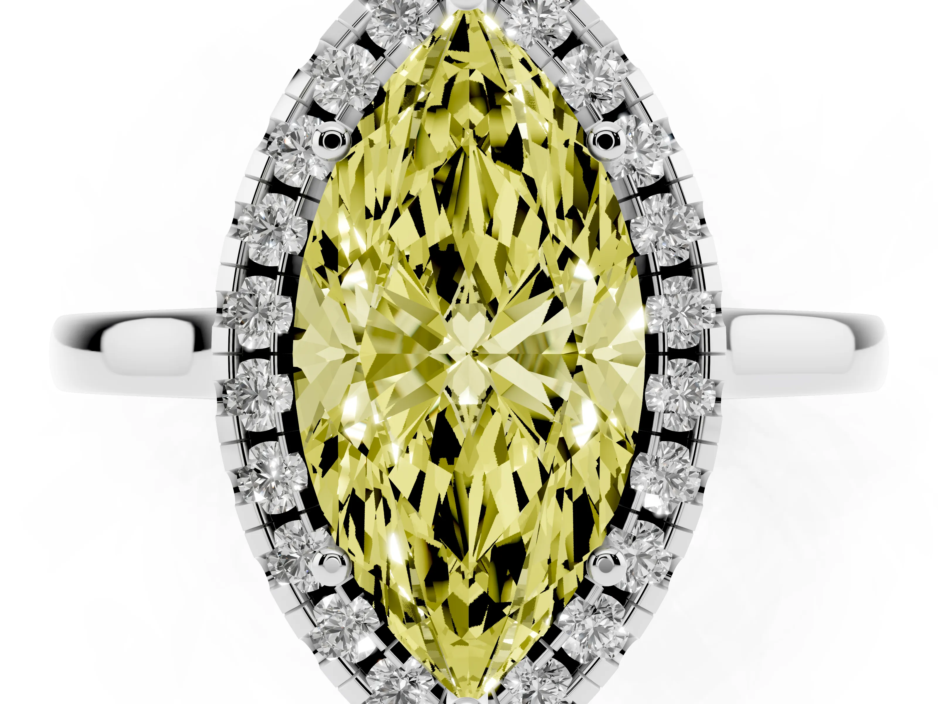 Fancy Yellow Marquise Cut Halo Round Diamond Solitaire Ring Set in Platinum with Pavé Band and Prong Setting